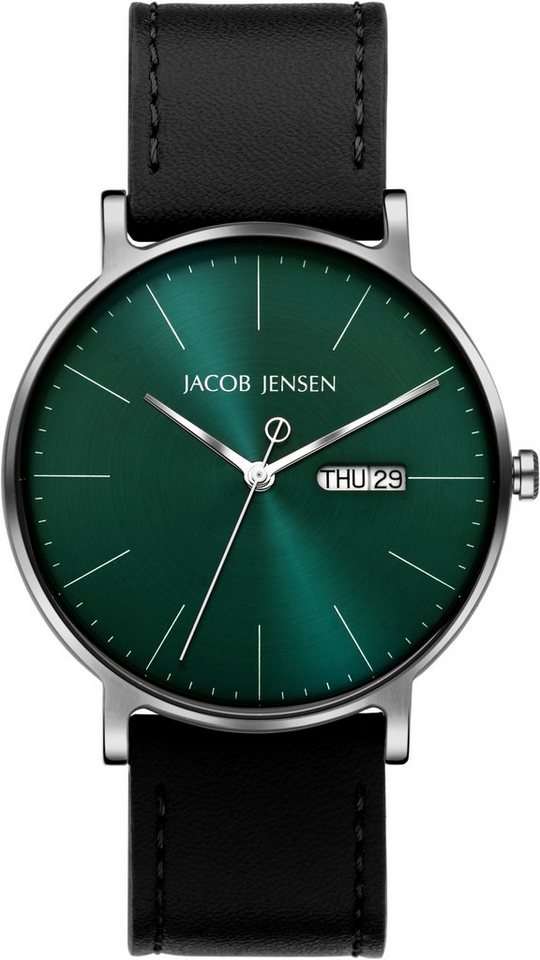 Jacob Jensen Titanuhr Herrenuhr Tag Datum Titanium Timeless Nordic ⌀40mm,  Uhrarmband vegan mit Dornschließe / Milanaise Edelstahlband mit  Schiebeschließe