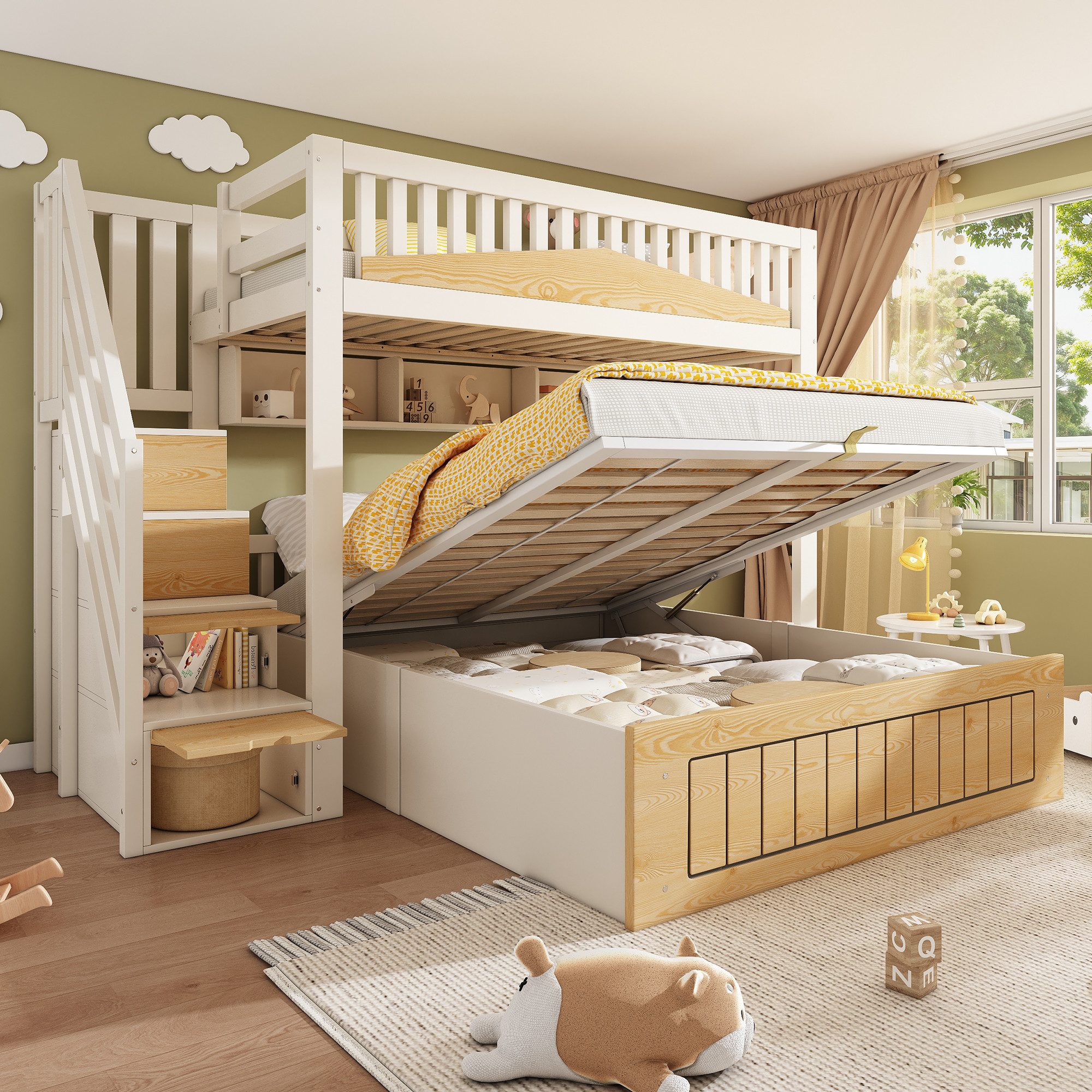 MODFU Hochbett Funktions-Etagenbett mit großzügigem, hydraulischem Stauraum (Funktionsbett, 3-St., Ideale platzsparende Lösung als versetztes Bett für Geschwister) In Weiß/Natur, mit Sicherheitsgeländer, 90/140x200 cm(mit 2 Matratze)