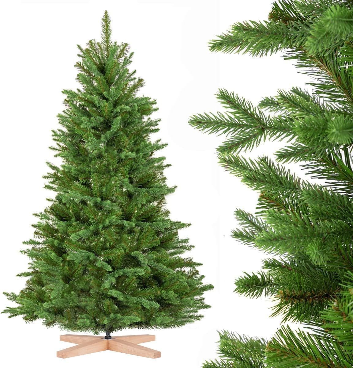 Fairytrees Künstlicher Weihnachtsbaum FT25, Nordmanntanne Edel, aus PU und PVC mit Echtholz Baumständer