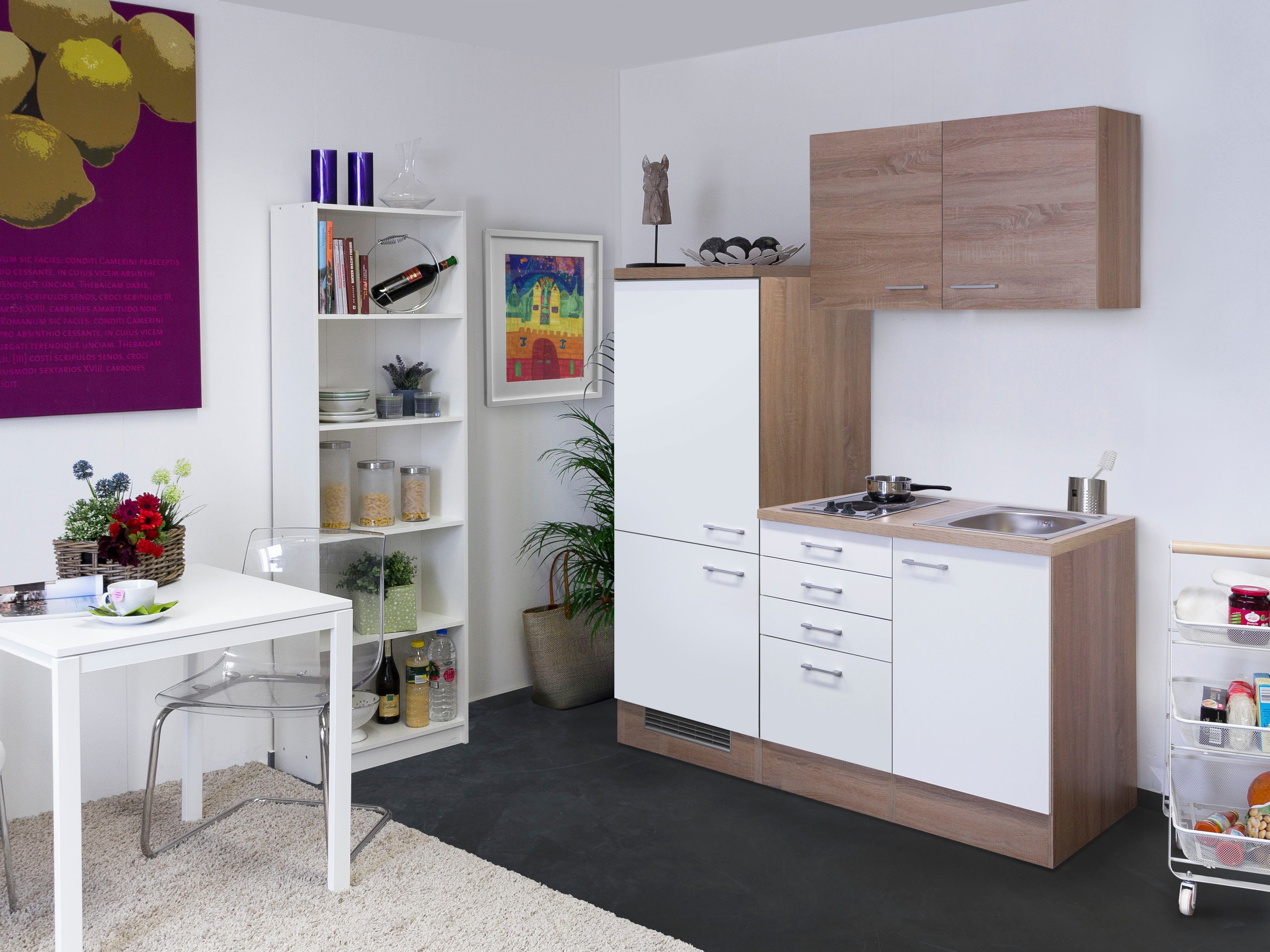 Flex-Well Küchenzeile Samoa, Gesamtbreite 160 cm, mit Einbau-Kühlschrank, Kochfeld und Spüle etc.