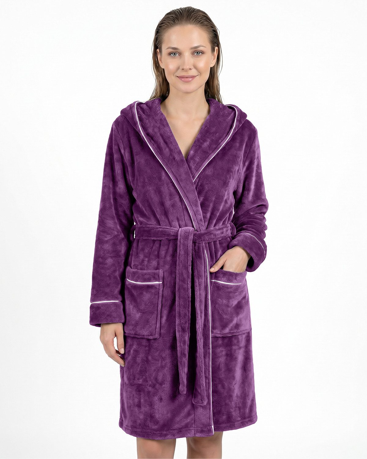 Gräfenstayn Damenbademantel Bademantel Damen flauschig Kapuze Kuschelfleece leicht kurz, warm & kuschelig, Knielang, Fronttaschen, Gürtel, S-XXL