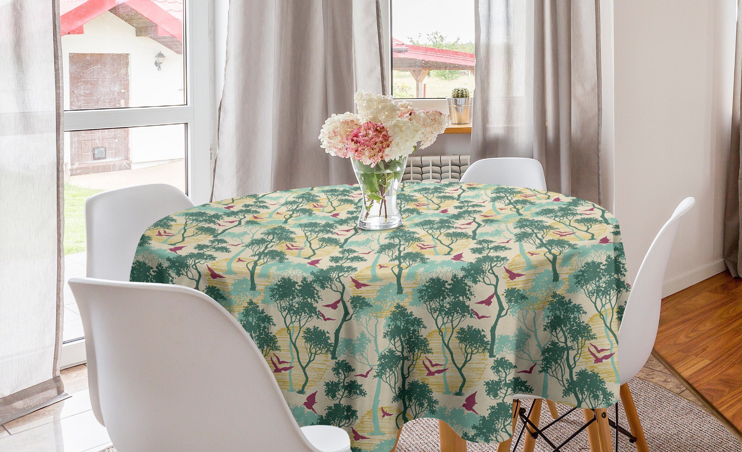 Abakuhaus Tischdecke Kreis Tischdecke Abdeckung für Esszimmer Küche Dekoration, Wald Hand gezeichnete Bäume und Vögel