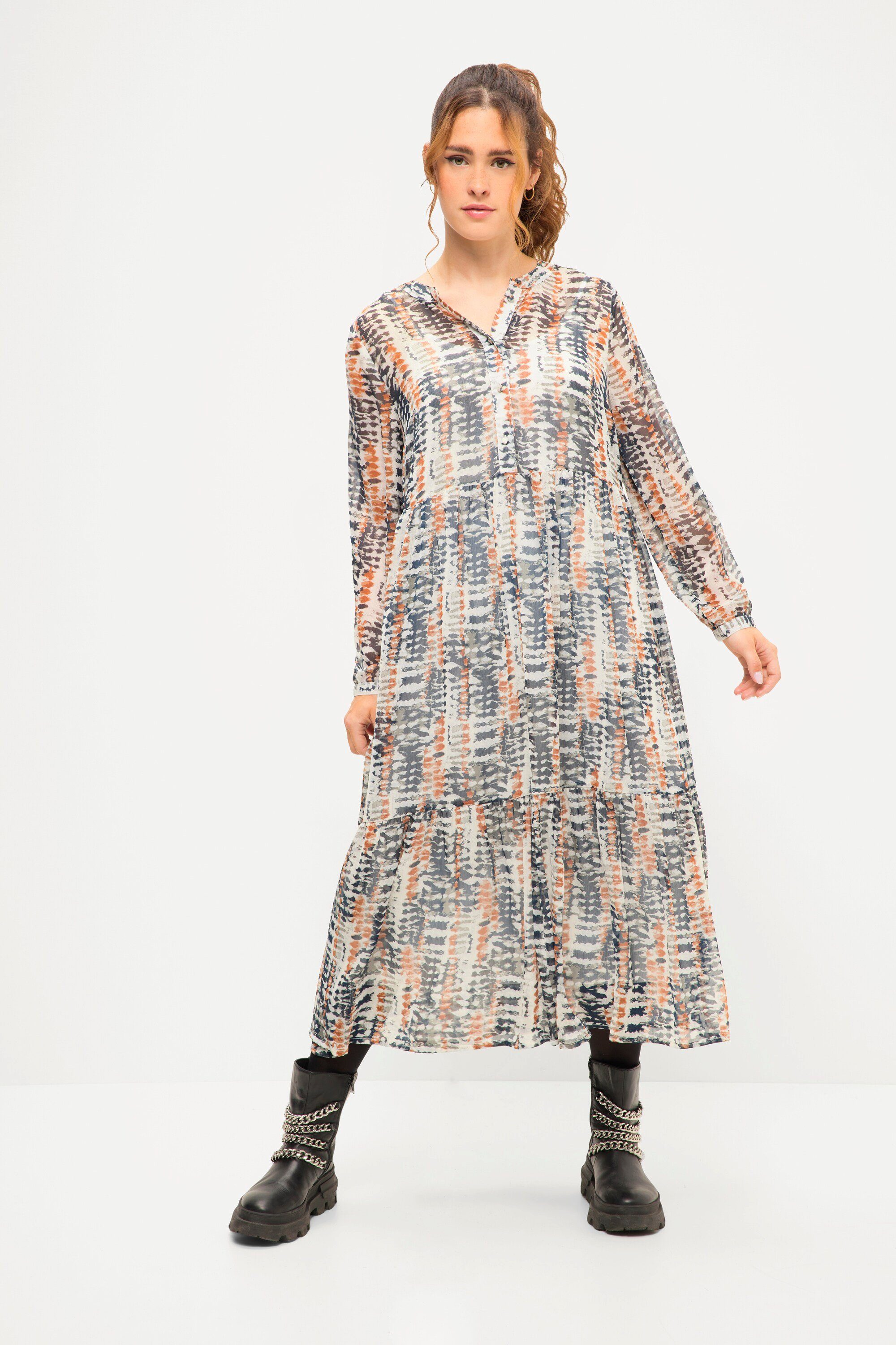 Jerseykleid Maxikleid A-Line Batik Print Rundhals Knopfleiste