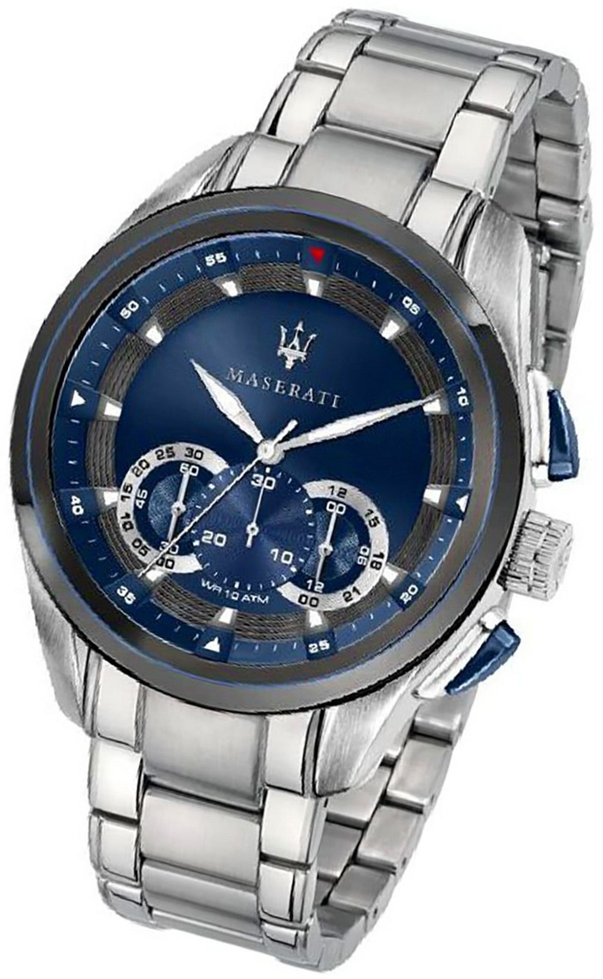 MASERATI Chronograph Maserati Edelstahluhr Chronograph, groß (ca. blau Edelstahlarmband, Gehäuse, Herrenuhr rundes 55x45mm)