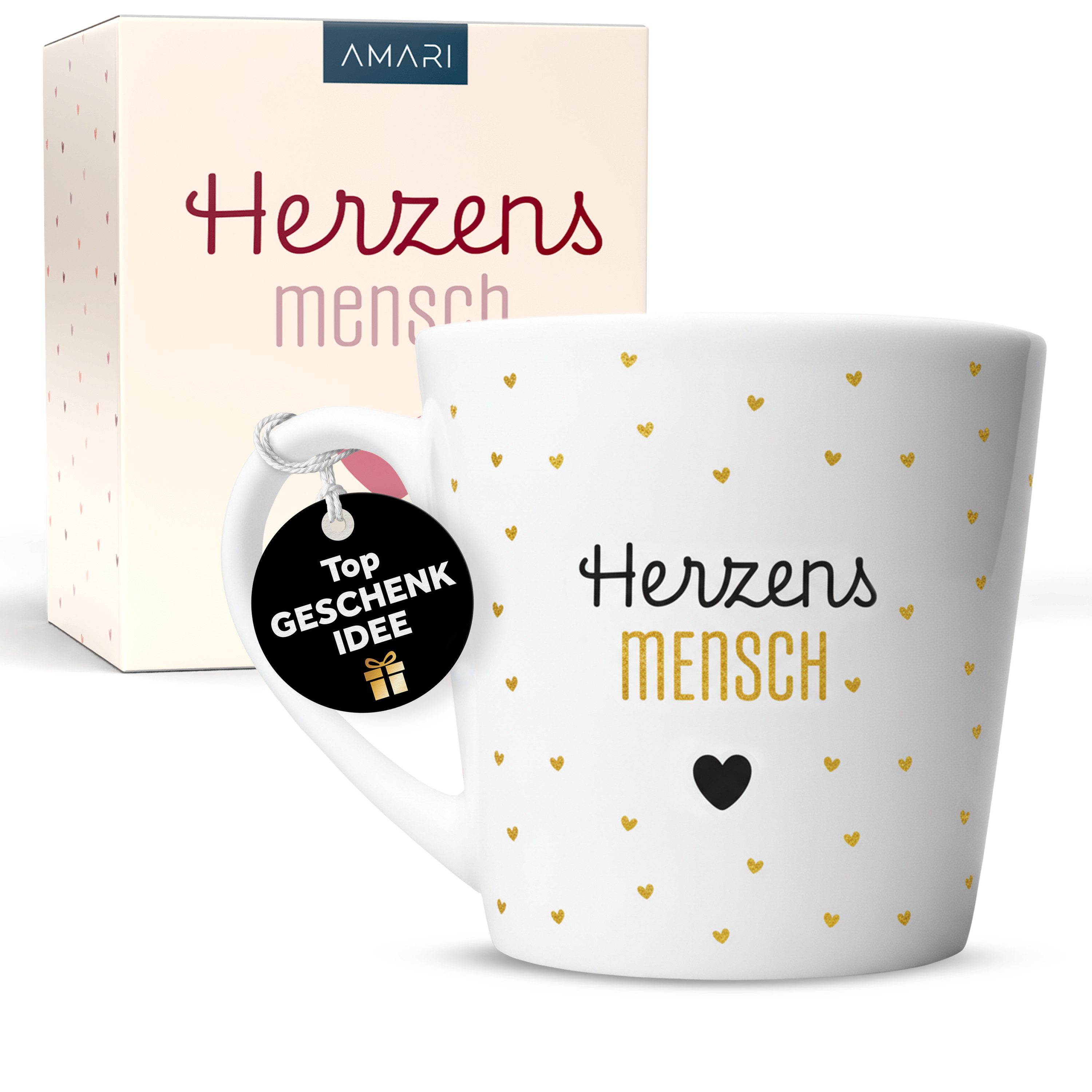Amari Tasse Herzensmensch Spruch Gold, Geschenk Freundin Partner Kollegin Nr.21, Kaffeetasse Teetasse Bürotasse 330 ml für Freundin, Kollegin, Partner