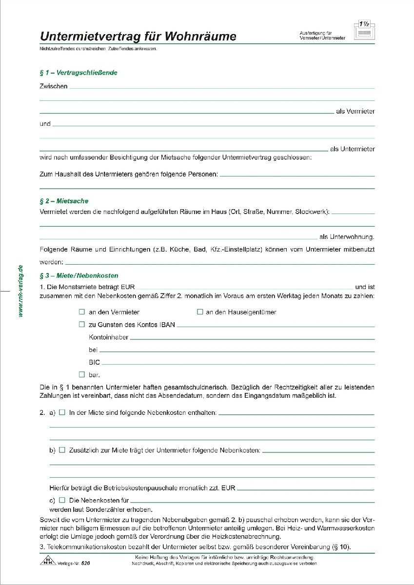 Formularblock Untermietvertrag für Wohnräume 4 Seiten A4 VE=10 Stück.