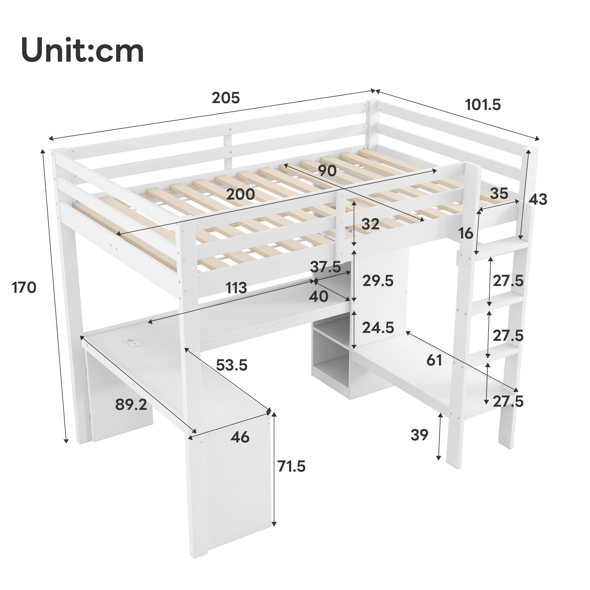 Ulife Hochbett mit Unterbettschreibtisch, Multifunktionsregalen, LED-Licht & USB (Ohne Matratze) Jugendbett, Holzbett, Bettgestell Liegefläche 90 x 200 cm
