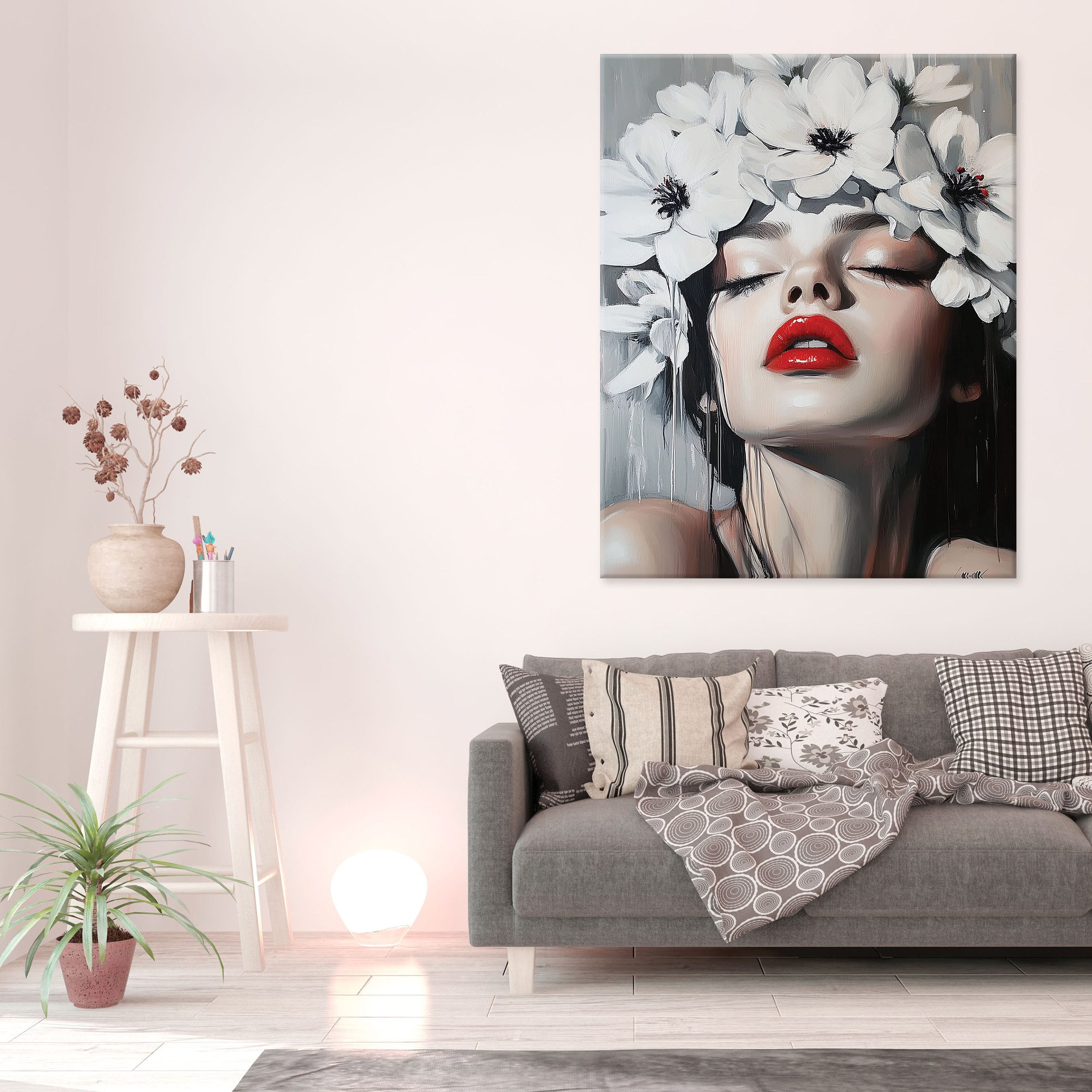 Wallarena Leinwandbild Frau Blumen Rot Lippen Modern Wandbilder Wand Deko XXL Bilder, Kunst - Frau (groß Bilder Wohnzimmer Schlafzimmer Einteilig, 1 St), Bilder Klein Wohnzimmer Schlafzimmer Küche Wandbild Wand Deko 40x30