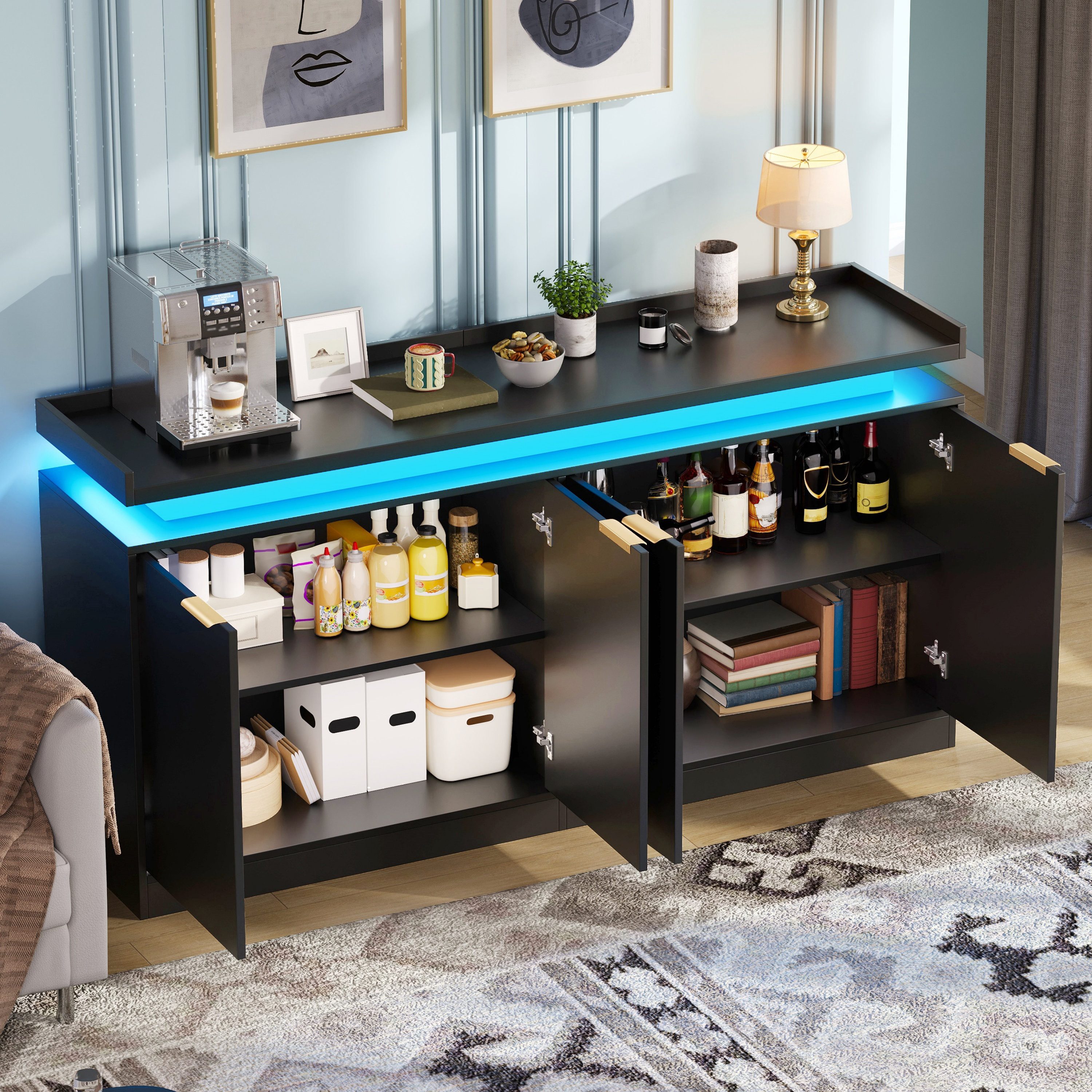 Odikalo Sideboard Mehrzweckschrank Küchenbuffet mit Türen LED goldGriffen Aufkantung (160 × 39 × 83 cm Küchenschrank mit LED-Beleuchtung Sideboard Aufbewahrungsschrank mit 4 Türen Buffet-Schrank mit viel Stauraum für Esszimmer und Wohnzimmer)