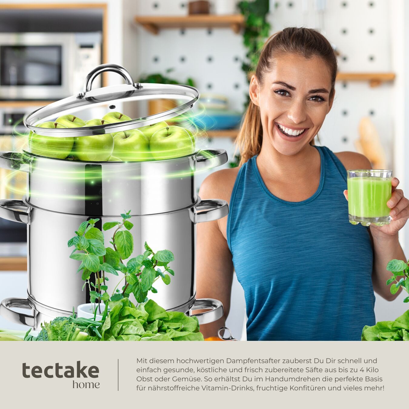 tectake Entsafter 7-tlg. Dampf-Saftbereiter Ø 26 cm aus Edelstahl, mit Glasdeckel, 0 W, 15 Liter, für Obst und Gemüse, induktionsgeeignet, spülmaschinenfest – Bild 4 von 5
