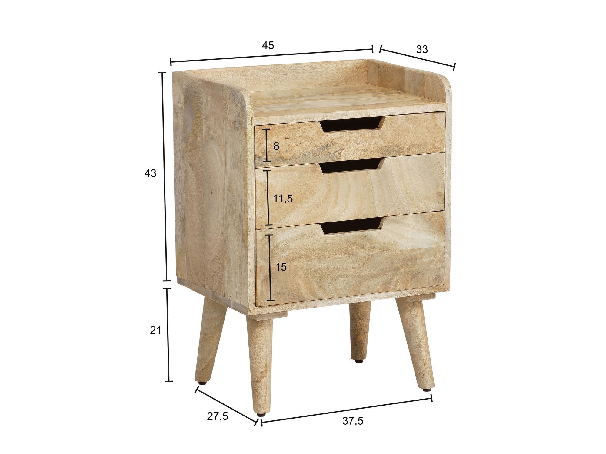 FINEBUY Nachttisch FB105728 Massiv 3 Schubladen Ablage Nachtkonsole Natur Nachtkästchen (Design Nachtkommode, Nachtkonsole Hellbraun), 63 cm Boxspringbett, Mango Massivholz Schubladen