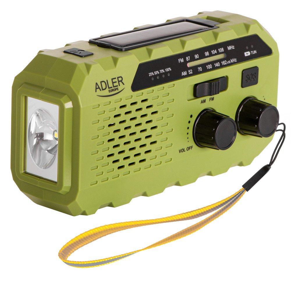 ADLER EUROPE Adler AD 1197 tragbares Notfallradio (FM, Powerbank, AM-Radio, LED-Taschenlampe, Kurbelradio, Solar, Dynamo, SOS-Alarm, Grün)