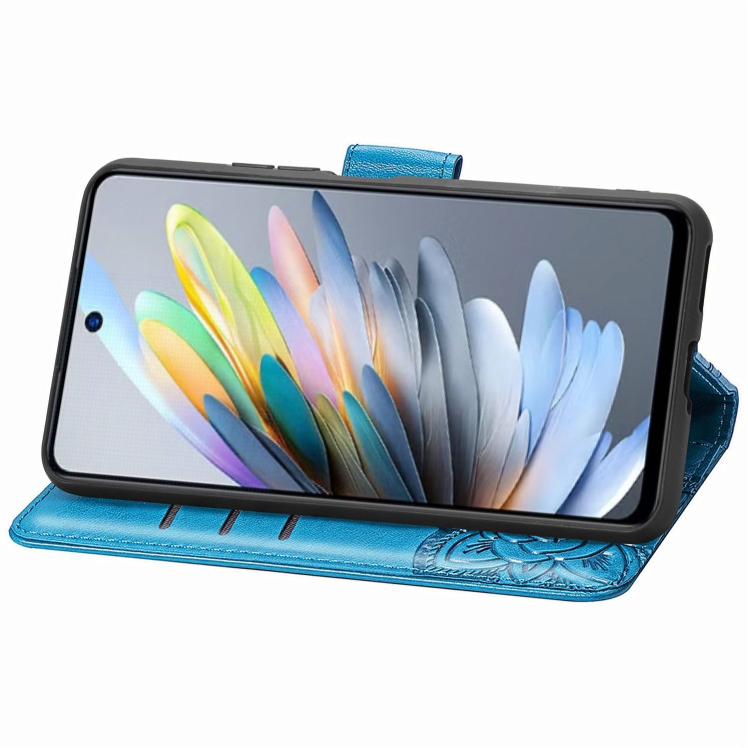 Wigento Smartphone-Hülle Für ZTE Blade A75 4G Kunstleder Schmetterling Wallet Hülle Tasche Blau, Kunst-Leder Schutzhülle Smart Case Cover magnetischer Verschluss