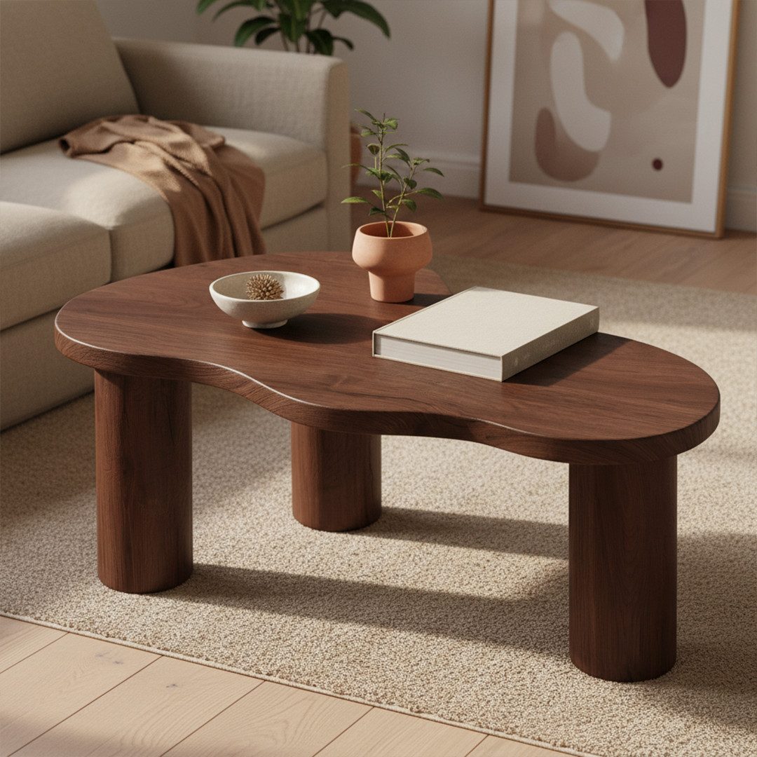 skølm Couchtisch Mani in organischer Form (Walnuss-Optik, lackiert), Beistelltisch aus Eichenholz, 100 cm lang & 55 cm breit