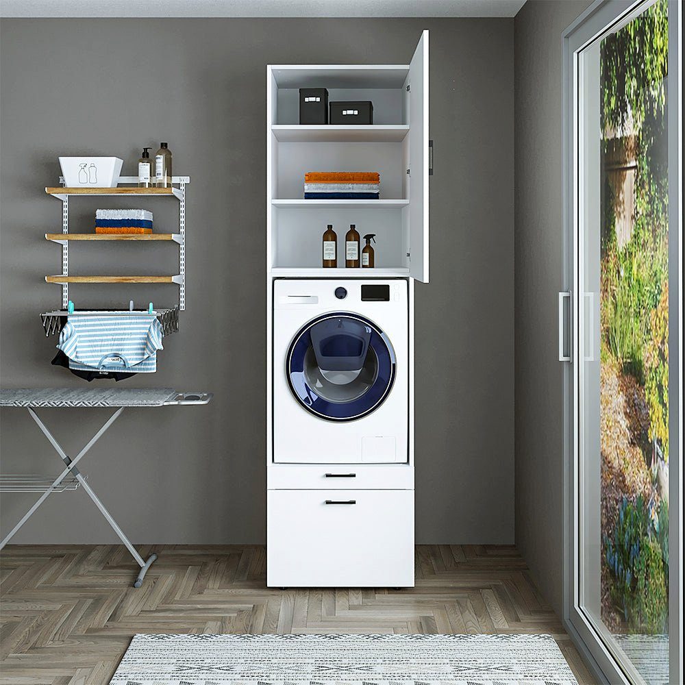 | Waschmaschinenumbauschrank Roomart mit Waschturm Mehrzweckschrank) Schrankaufsatz (Waschmaschinenschrank weiß Weiß