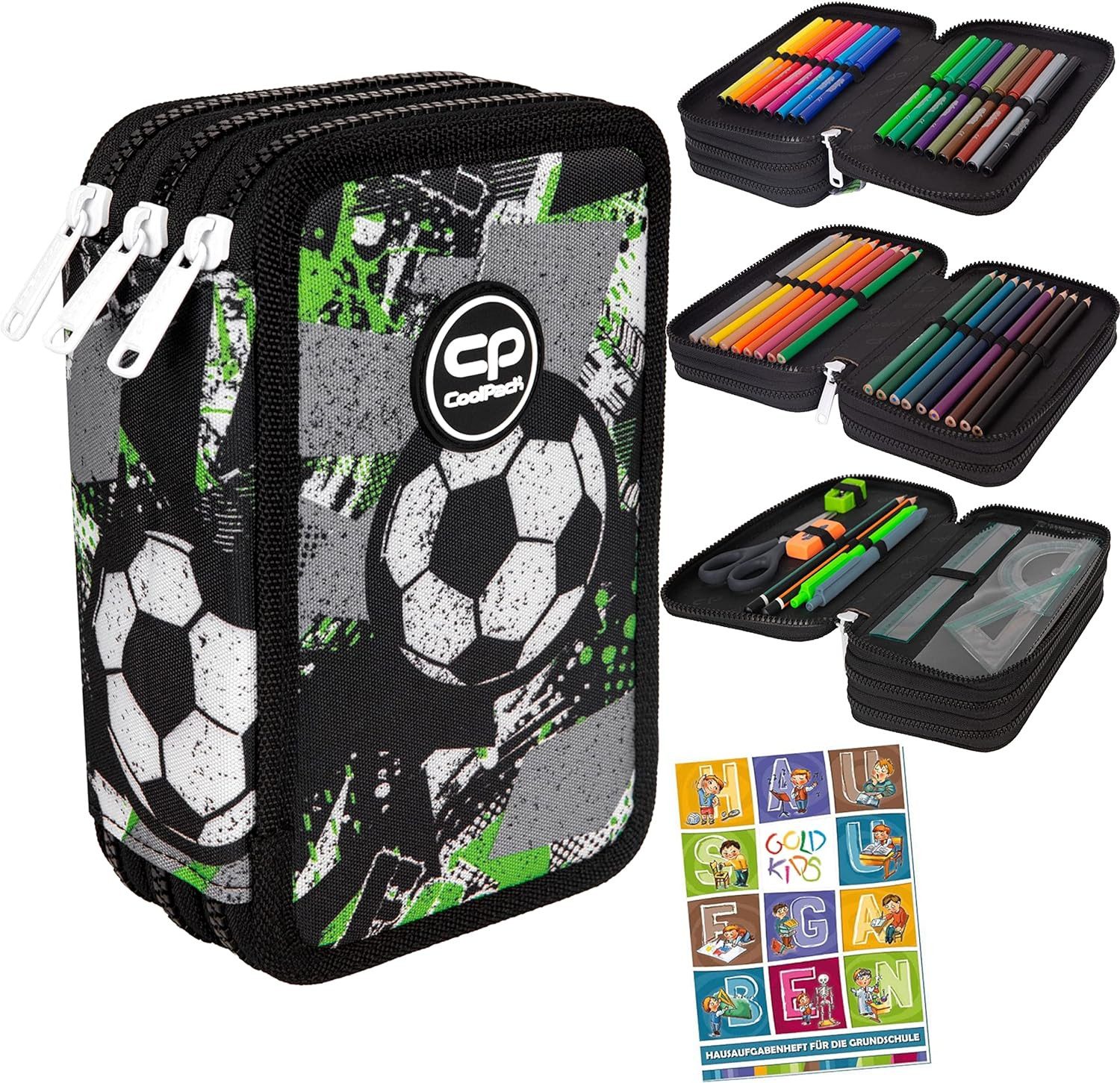 GOLDKIDS Federmäppchen 3-fache Federmappe Let's Gol Fußball Federmäppchen 46-teilig, (gefüllte Schüleretui Stifte, 1-tlg., und Pinsel inkl), Aufgabenheft Federbox Etui Stiftetasche Schlamper-Etui Schul-Etui