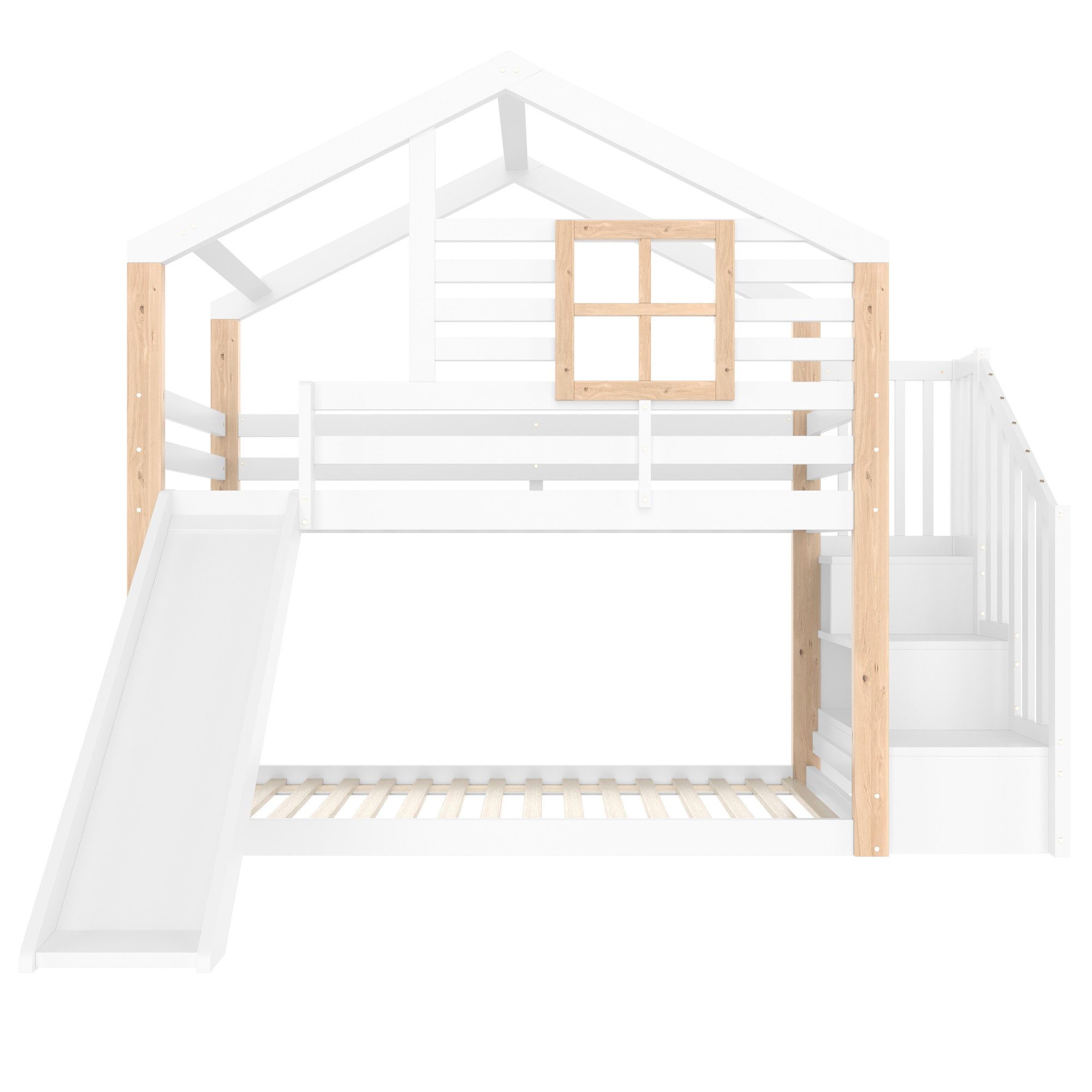LVHOM Kinderbett Spiel-Spitze Etage mit Rutsche und Treppe, Rundum-Geländer, Holzrahmen (Massivholz Komplettset, Liegefläche: 2 mal 90x200cm, 2-stöckiges Hausbett(Dach-Design), Hochbett/Etagenbett mit integrierter Rutsche, stabiler Treppe mit Staufächern, Tragkraft: 130kg/Etage. Platzsparend, skandinavisch, stabil/sicher für Geschwister, Kindergartenkinder, Gästeübernachtungen), Kombinierter Schlaf-, Spiel- und Ordnungsbereich. Bietet für 2 Kinder