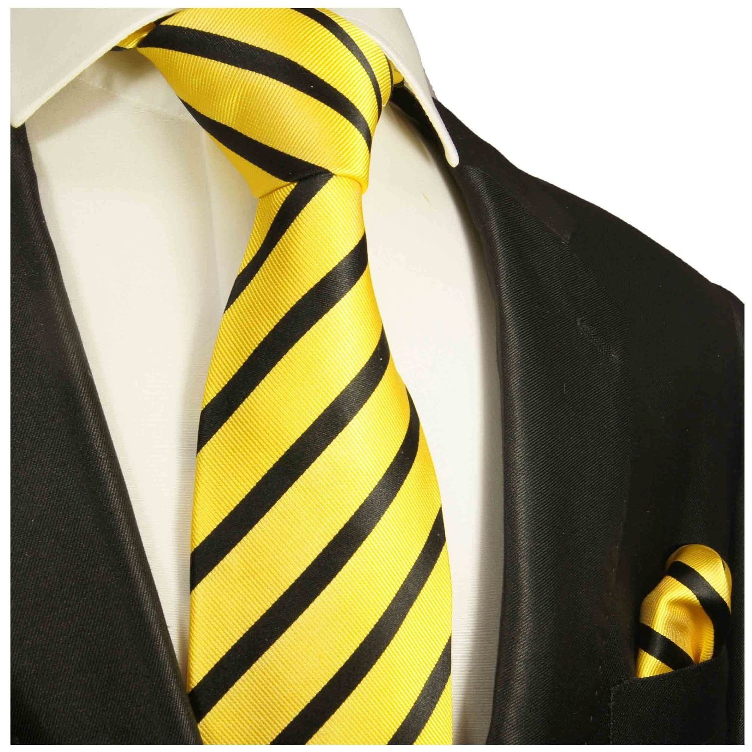 Krawatte Paul gelb Seidenkrawatte Breit 2-St., (Set, Einstecktuch) gestreift (8cm), Tuch mit Malone Herren Krawatte Seide 979 schwarz 100% und