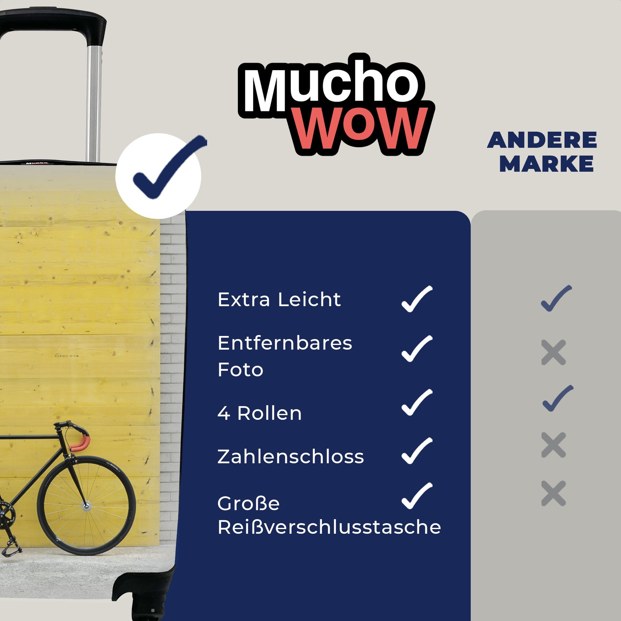 MuchoWow Handgepäckkoffer Ein rollen, vor Hintergrund, Reisekoffer mit Trolley, industriellen Reisetasche Rollen, Rennrad einem Ferien, für 4 Handgepäck