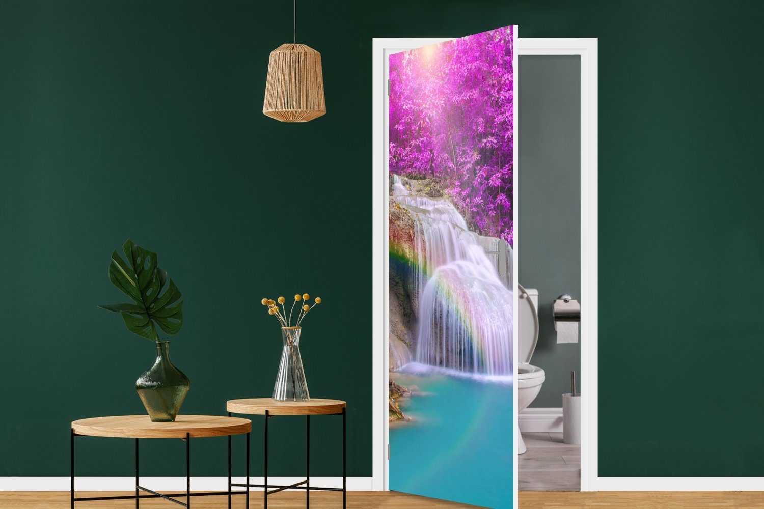 Tür, 75x205 - Türtapete - Matt, - Türaufkleber, für Lila, (1 Bäume cm Wasserfall Regenbogen St), bedruckt, Fototapete MuchoWow