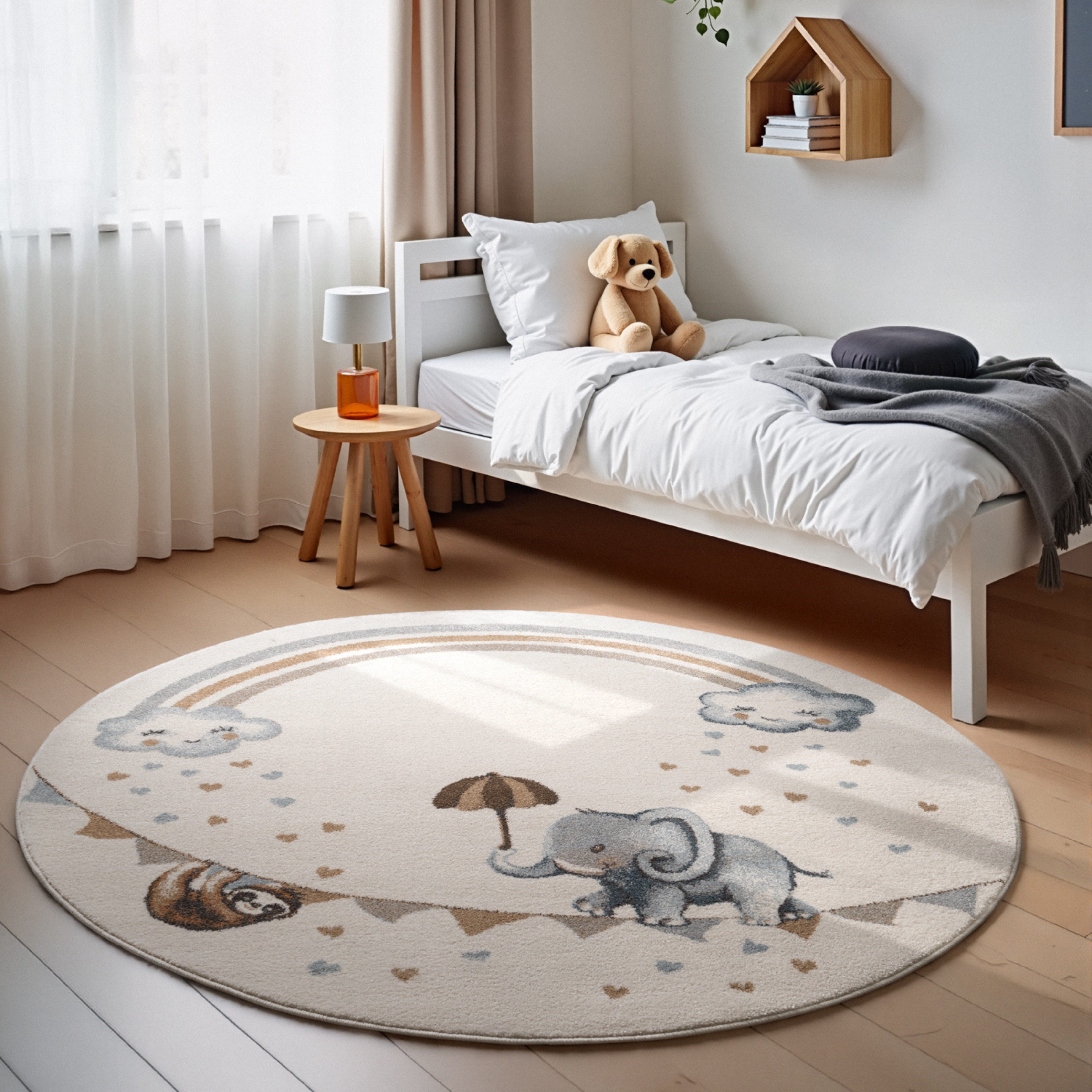 Villeroy & Boch Kinderteppich Walk like an Elephant Rainbow Teppich, rund, Höhe: 9 mm, Spielteppich weich, Kinderzimmer, Boho Kids Spielunterlage, Tieremotiv