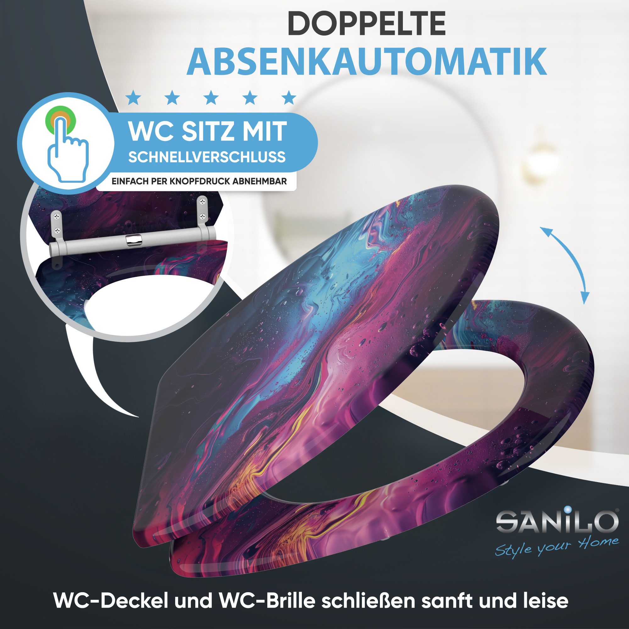 Sanilo WC-Sitz Lumen mit Absenkautomatik & Quick Release, hochwertig, abnehmbar, leichte Montage von oben, mit Schraubenzieher