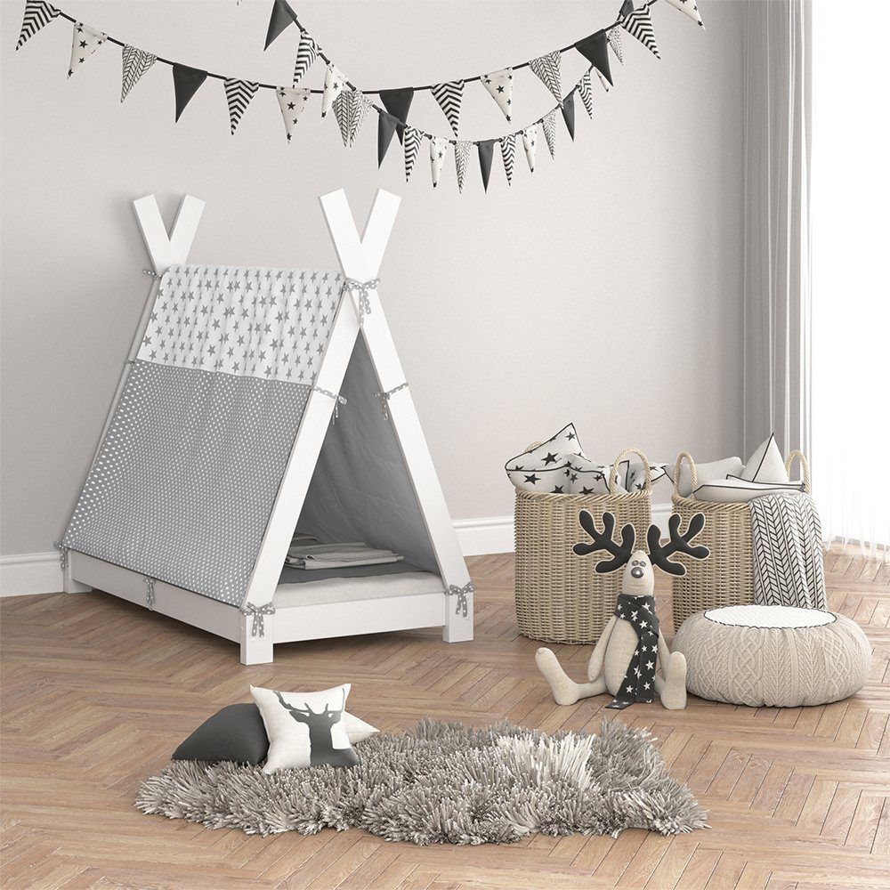 Kinderbett Tipi, Grau/Weiß, 70 x 140 cm