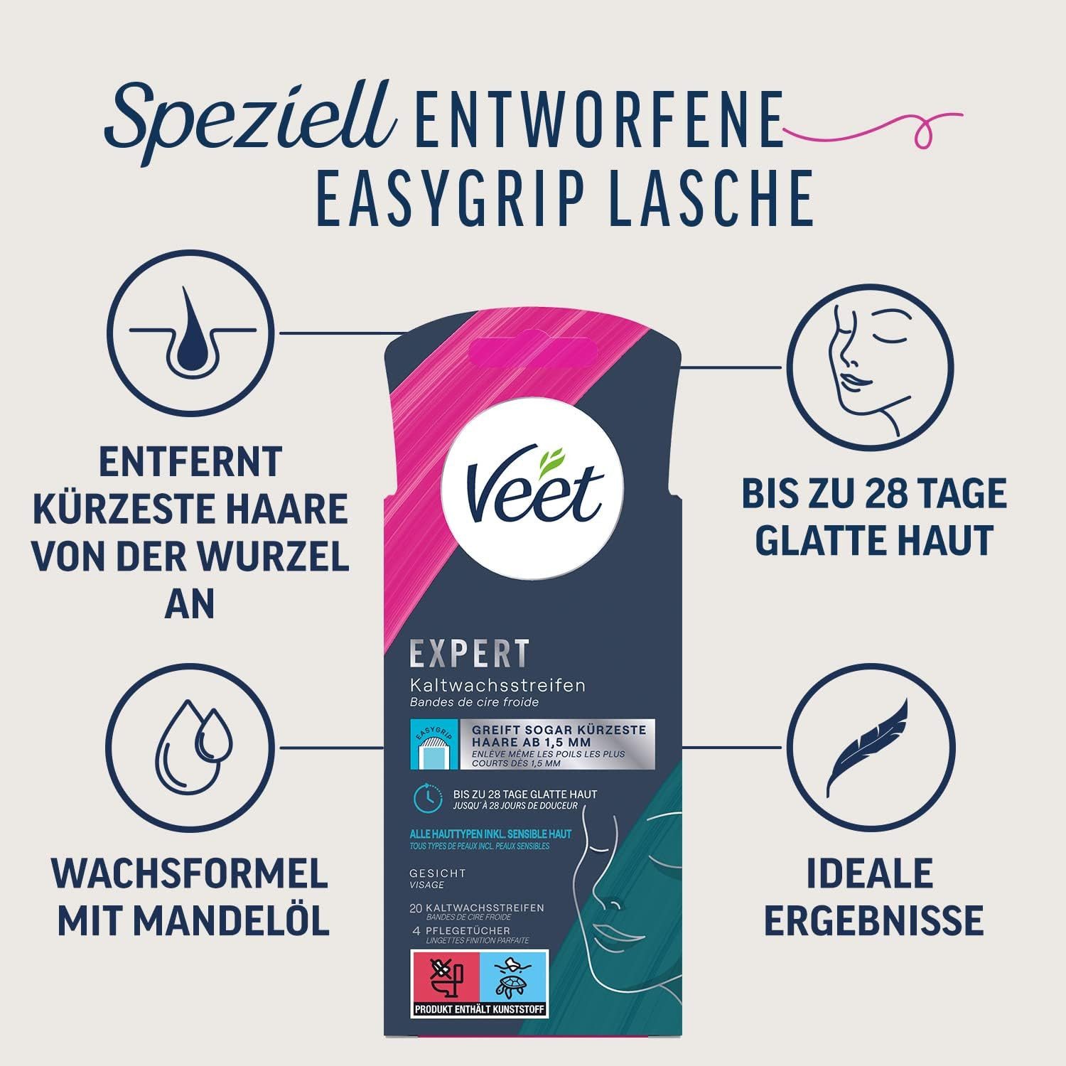 Veet Kaltwachsstreifen EXPERT, 20 St., für Gesicht, - zur Haarentfernung für alle Hauttypen inkl. sensibler Haut