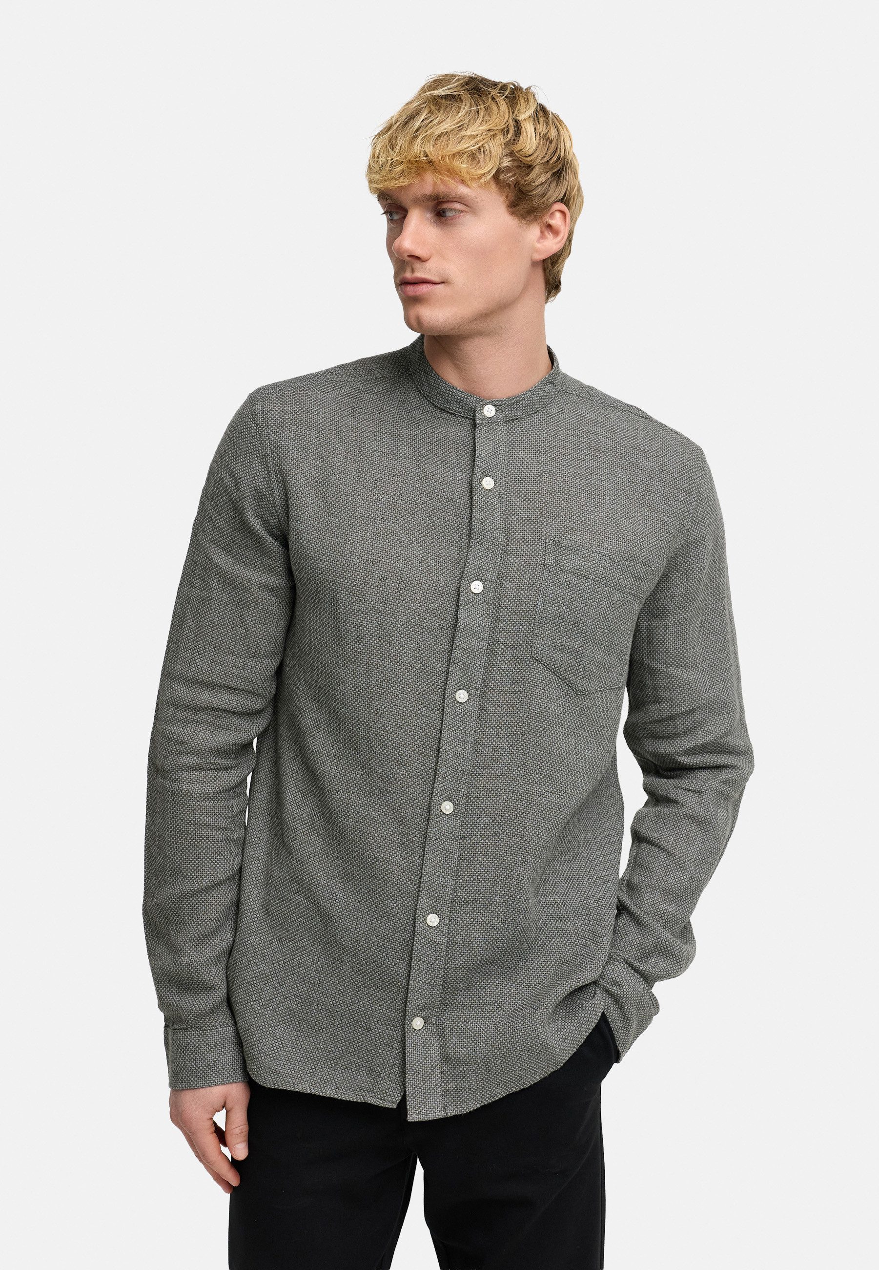 Kronstadt Langarmhemd Herren Gallagher Langarm Leinenhemd mit Stehkragen Leinen-Baumwollhemd mit strukturierter Oberfläche