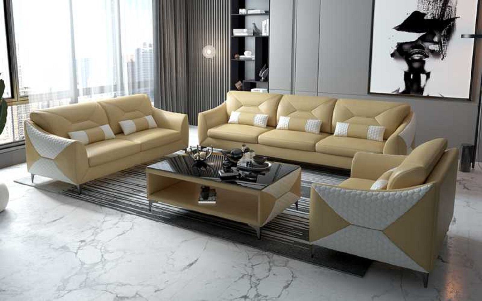 JVmoebel Wohnzimmer-Set Modern Sofagarnitur Couchgarnitur 321 Sitzer Sofas, (3-St., Nur Sofa 2+3 Sitzer + Sessel), Made in Europe Beige