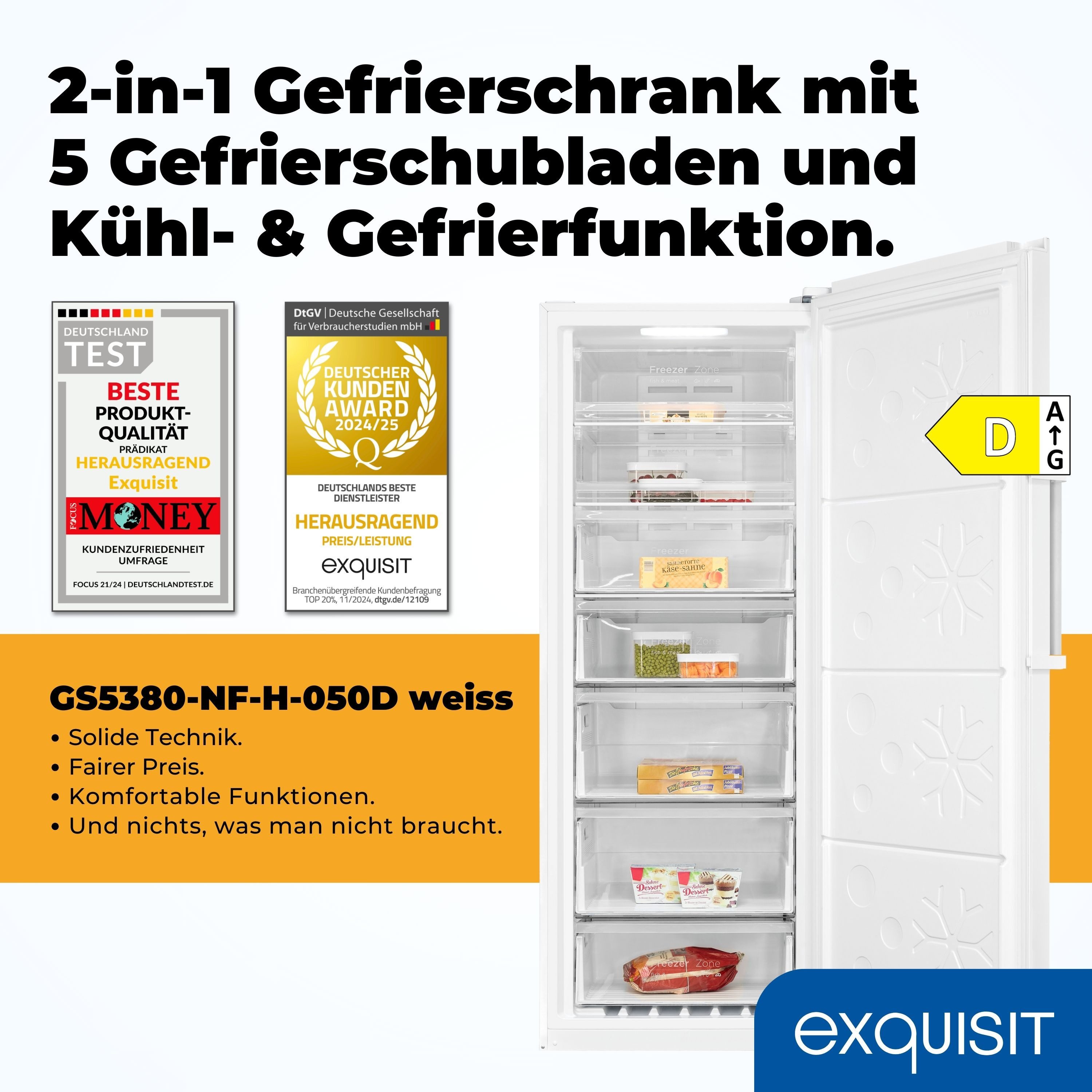 exquisit Gefrierschrank GS5380-NF-H-050D, 1855 cm hoch, 710 cm breit, NoFrost, 4-Sterne-Gefrieren, Alarm, Schnellkühlen, Schnellgefrieren