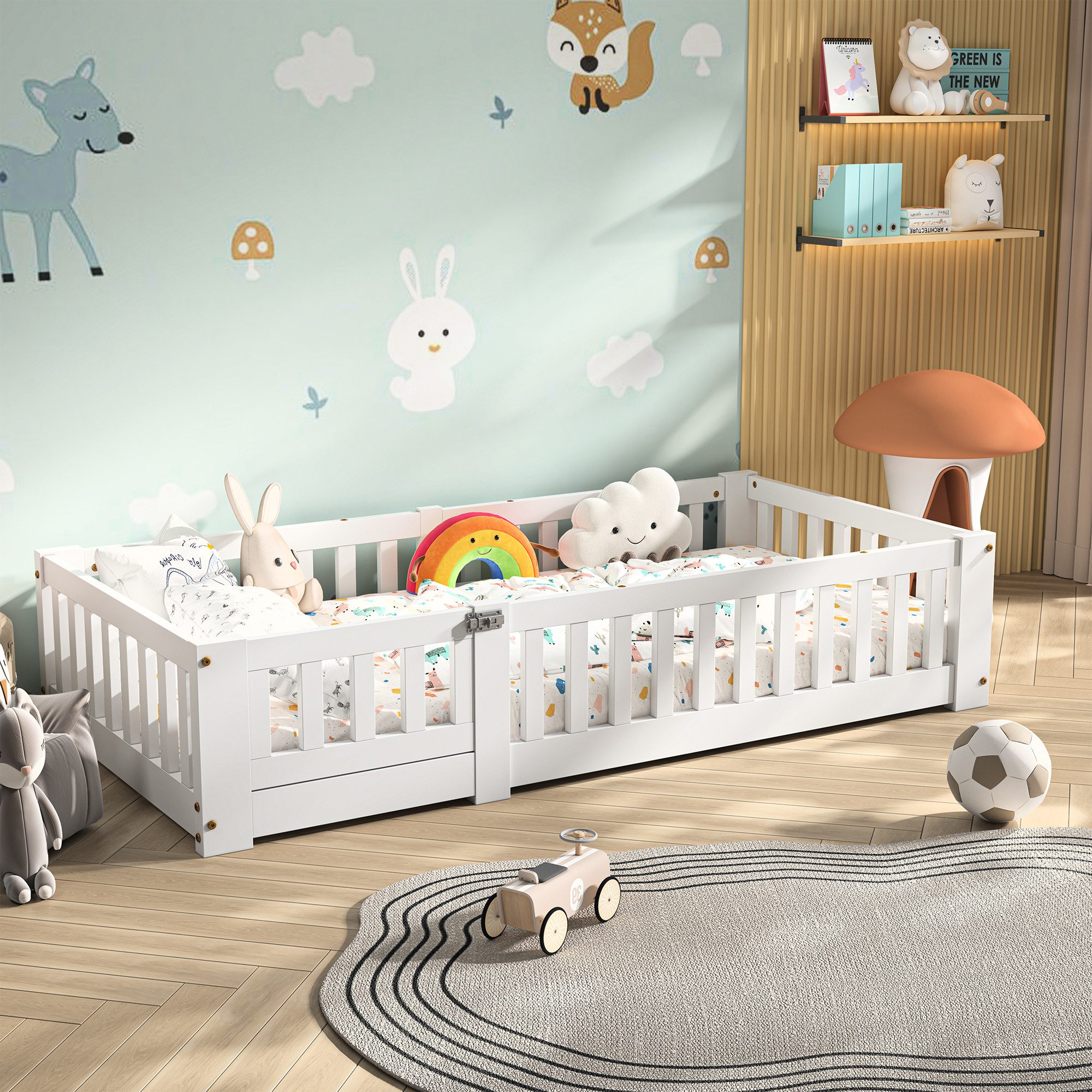 zebery Kinderbett Bodenbett Einzelbett mit Lattenrost (Montessori Kinder- & Jugendbett), Massivholzbett 80x160cm,Holzbett mit Rausfallschutz,Weiß