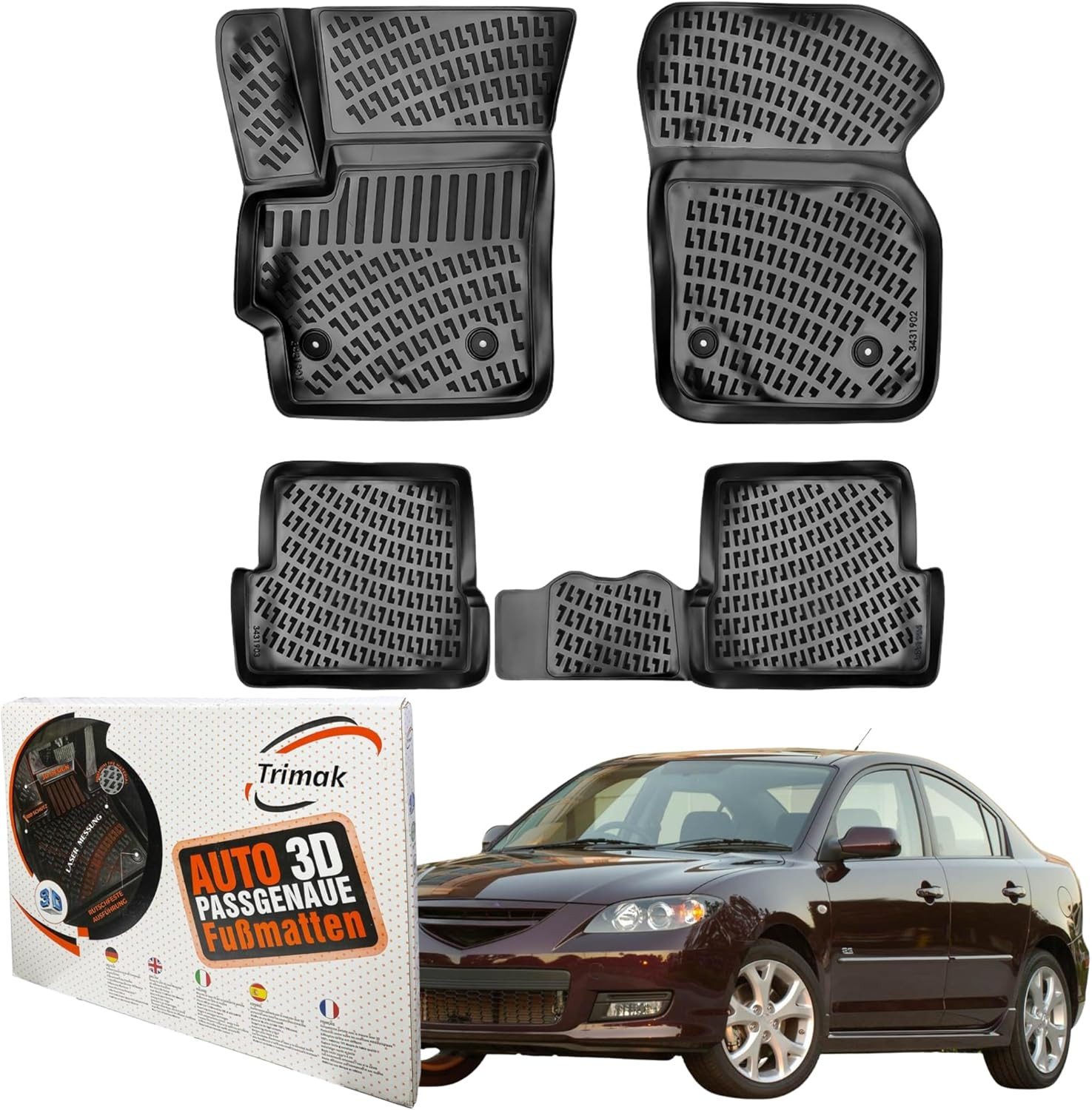 Trimak Passform-Fußmatten Oder Kofferraumwanne Oder Set für Mazda 3, Mazda 3 1. Gen. 2003-2009 Gummimatten Auto TPE Allwetter