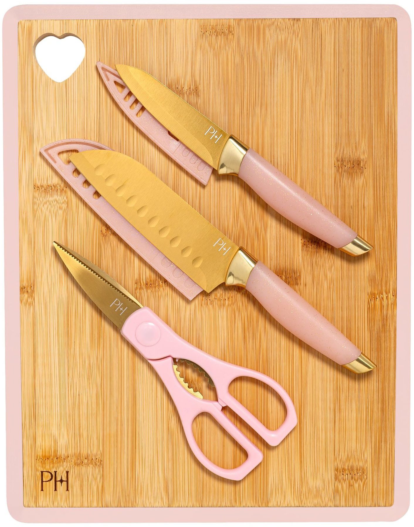 Paris Hilton Schneidebrett Paris Hilton, Küchenhelfer-Set, 6-teilig, Bambus, (Set, 6-St., 1 Santoku- u. 1 Schälmesser, 2x Klingenschutz, Schere, Schneidbrett), Schneidbrett-Set, Ножи-Set, Bambusbrett mit Herz-Design