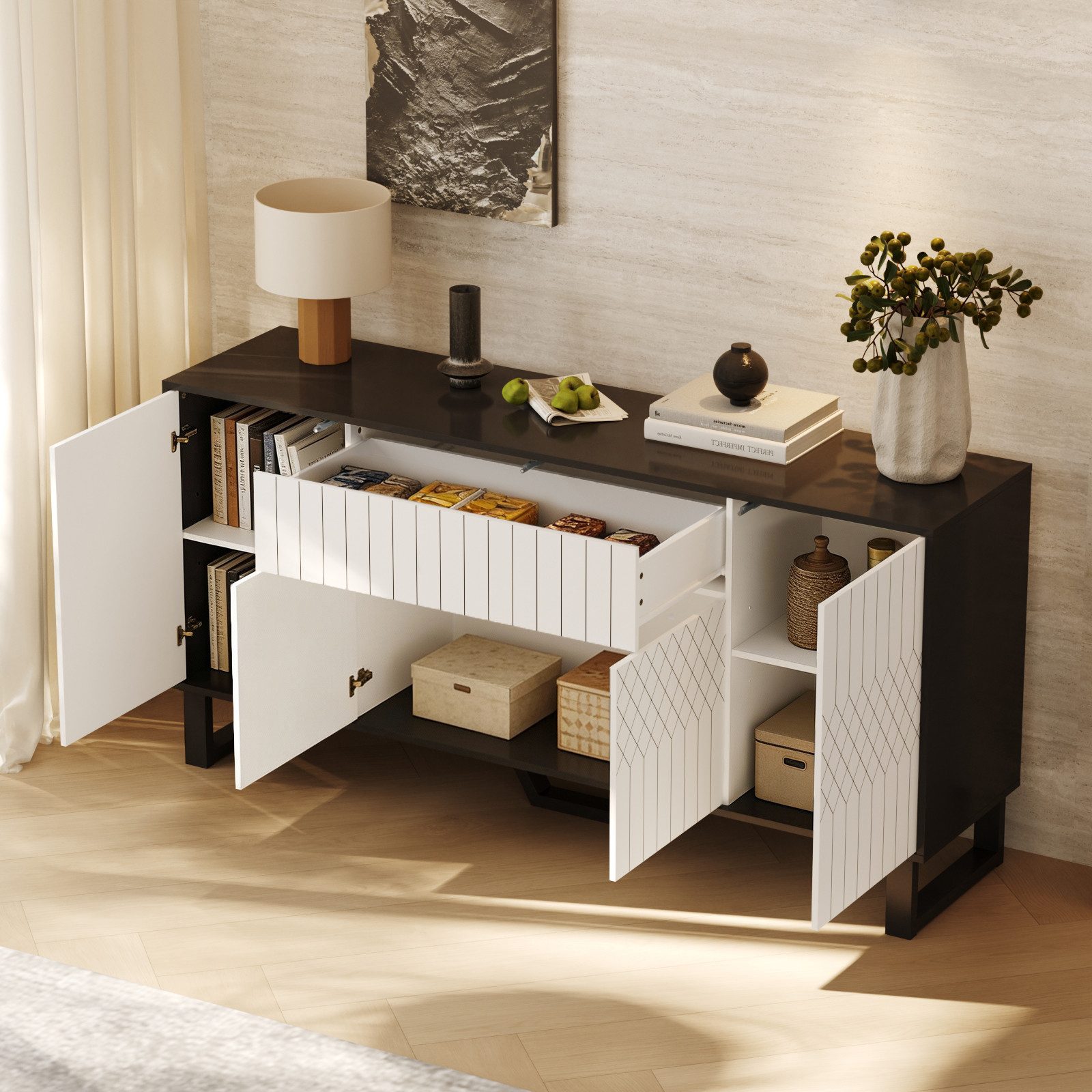 HOMSEE Sideboard mit 1 Schublade und 4 Türen – Modernes Schwarz-Weiß Design (1 St), 160x40x77,5 cm, Stauraumschrank für Küche, Flur & Wohnzimmer – Bild 5 von 5