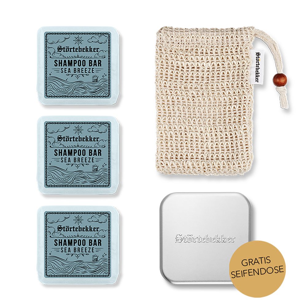 Störtebekker Festes Haarshampoo Duschset - 3x Shampoo, Soap Bag und GRATIS Seifendose, Veganes Shampoo, praktische Aufbewahrung, handgefertigt in Holland
