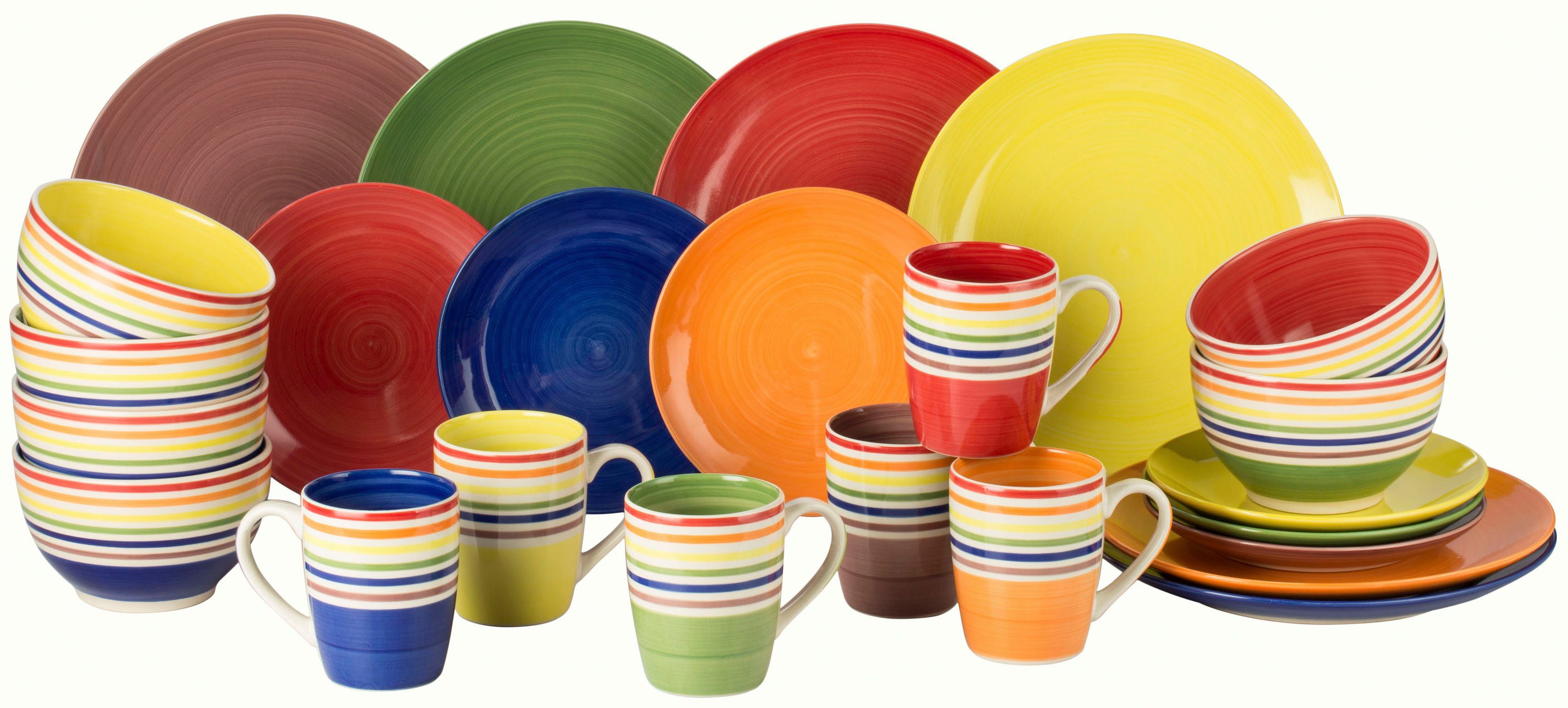 Retsch Arzberg Комбинированное обслуживание Geschirr-Set, Service COLOUR STRIPES (24-tlg), 6 Personen, Steinzeug, Spin Wash/Spiraldekor - 6 Regenbogenfarben, 24 Teile, für 6 Personen