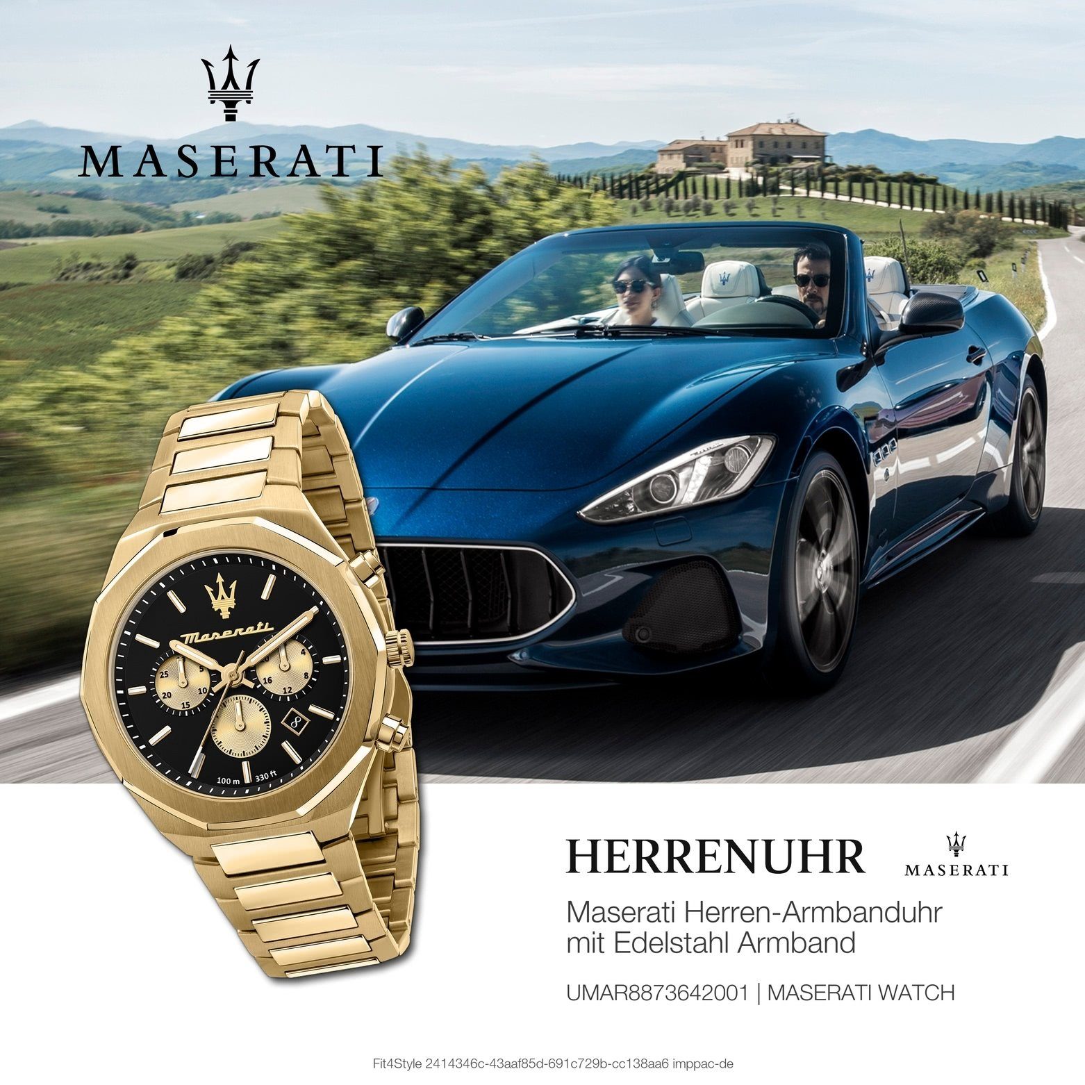 MASERATI Chronograph Maserati (ca. Herren Made-In rund, Italy Chronograph, gold groß 45mm) Uhr Edelstahlarmband, Herrenuhr