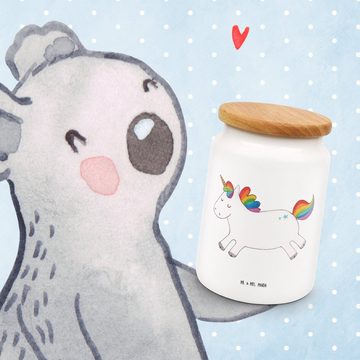 Mr. & Mrs. Panda Vorratsdose Einhorn Happy - Weiß - Geschenk, Lebensfreude, fröhlich, Lächeln, Ein, Keramik, (1-tlg), Liebevolles Design