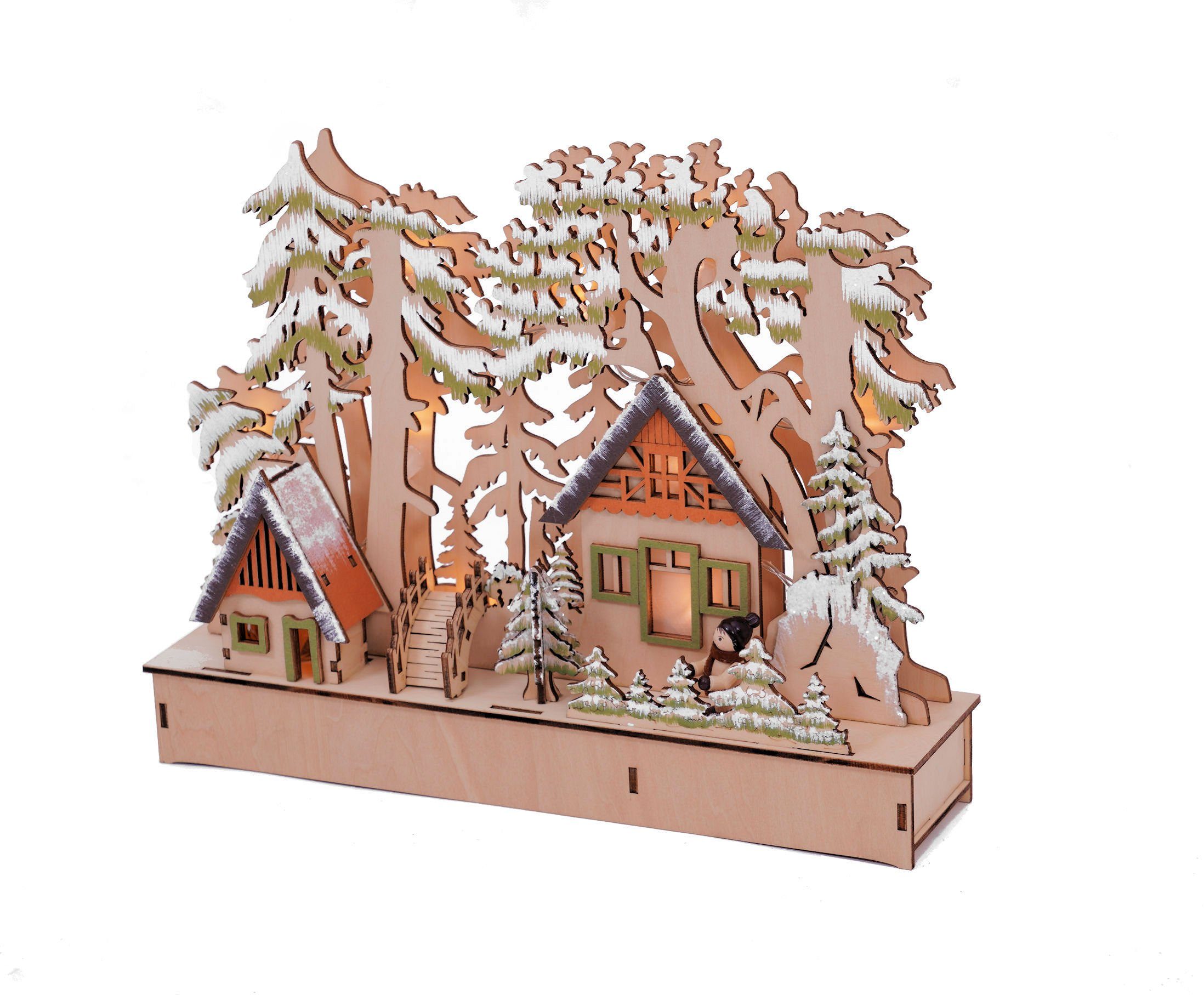Spetebo LED Dekolicht LED Landschaft Wald mit Haus - ca. 30 x 23 cm, An / Aus, LED, warmweiss, Winterlandschaft zum Hinstellen