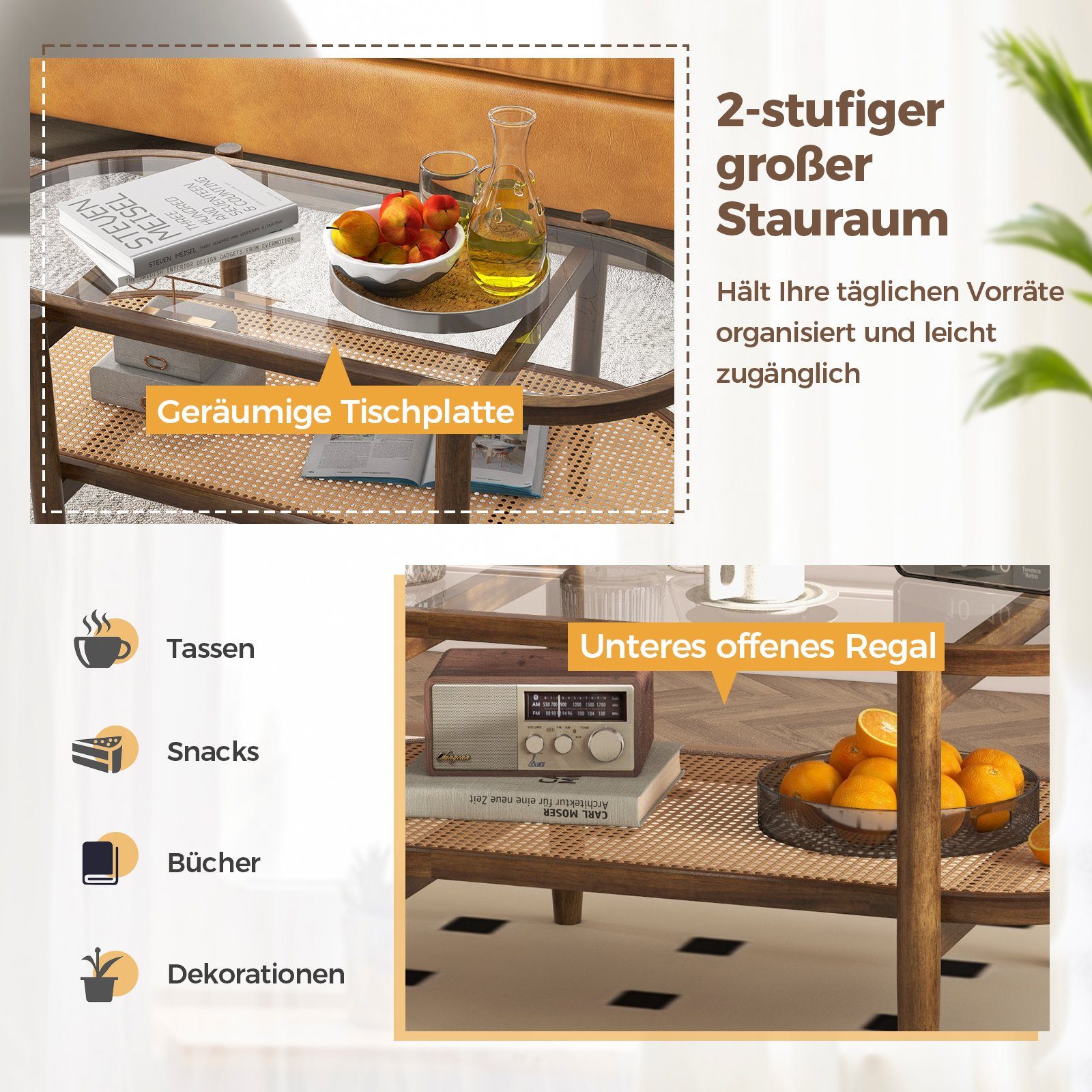 COSTWAY Couchtisch, Glas, Rattan, Holz Sofatisch mit Stauraum, 102x56x47cm günstig online kaufen