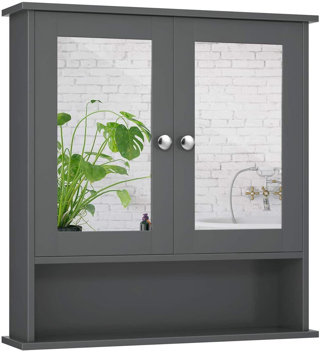 COSTWAY Spiegelschrank Badzimmerschrank mit höhenverstellbarer Ablage grau | Spiegelschränke