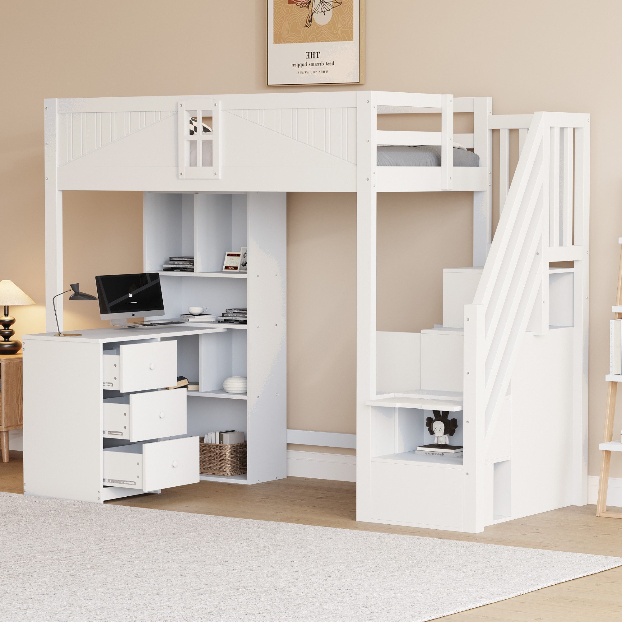Odikalo Hochbett Kinderbett 90x200 mit Schreibtisch & Stauraum (Massivholz - Hochbett, Kinderbett 90 x 200 cm, Einzigartig Sicherheitsgitter mit Fenster, Mit Stauschränken, Schreibtisch und Schubladen, Seitliche Stauraum-Sicherheitsleiter Links Oder Rechts Austauschbar, Weiß)