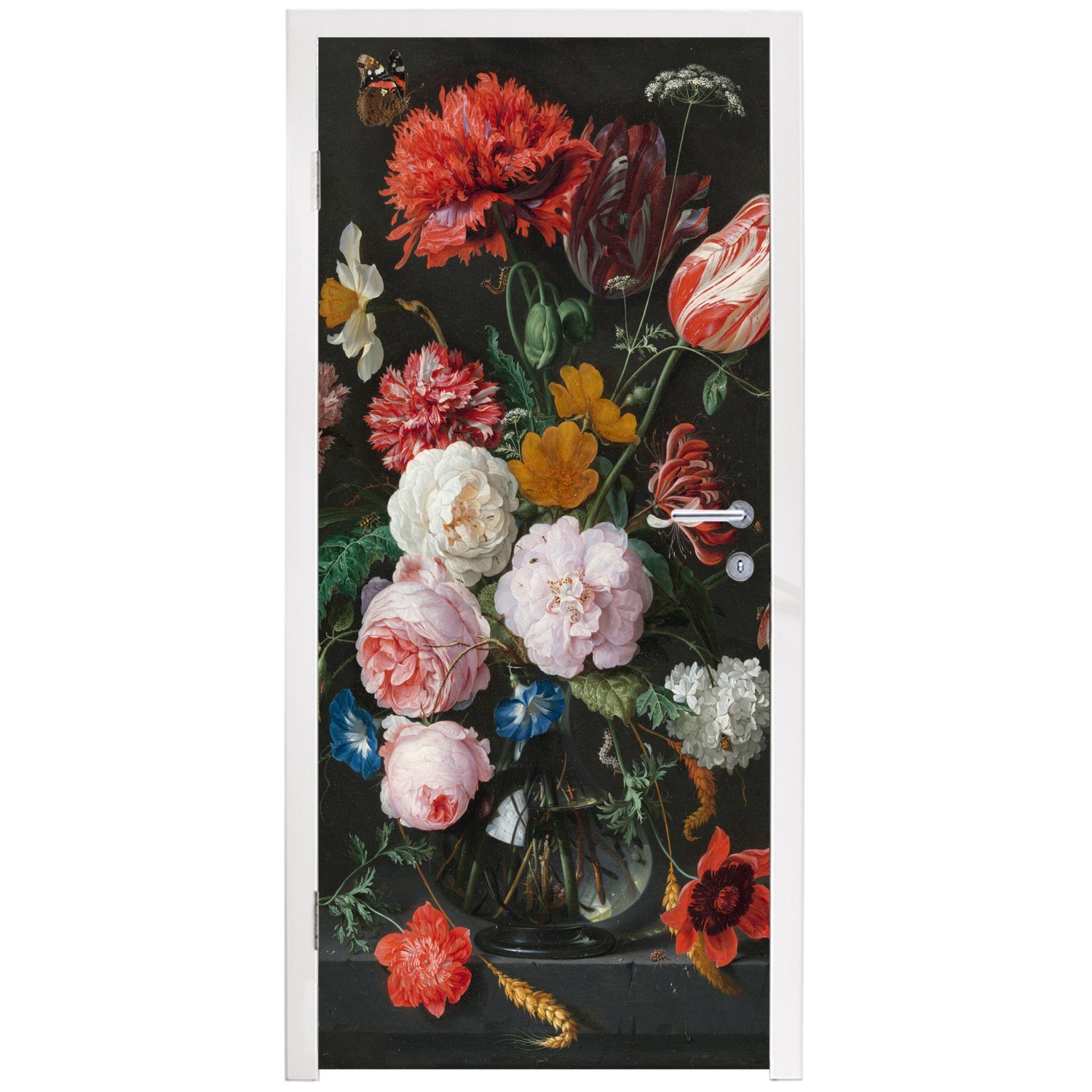 MuchoWow Türtapete Stilleben in einer Matt, St), bedruckt, Gemälde Jan Fototapete 75x205 (1 Blumen Tür, de, für - cm mit Glasvase Davidsz. von Türaufkleber