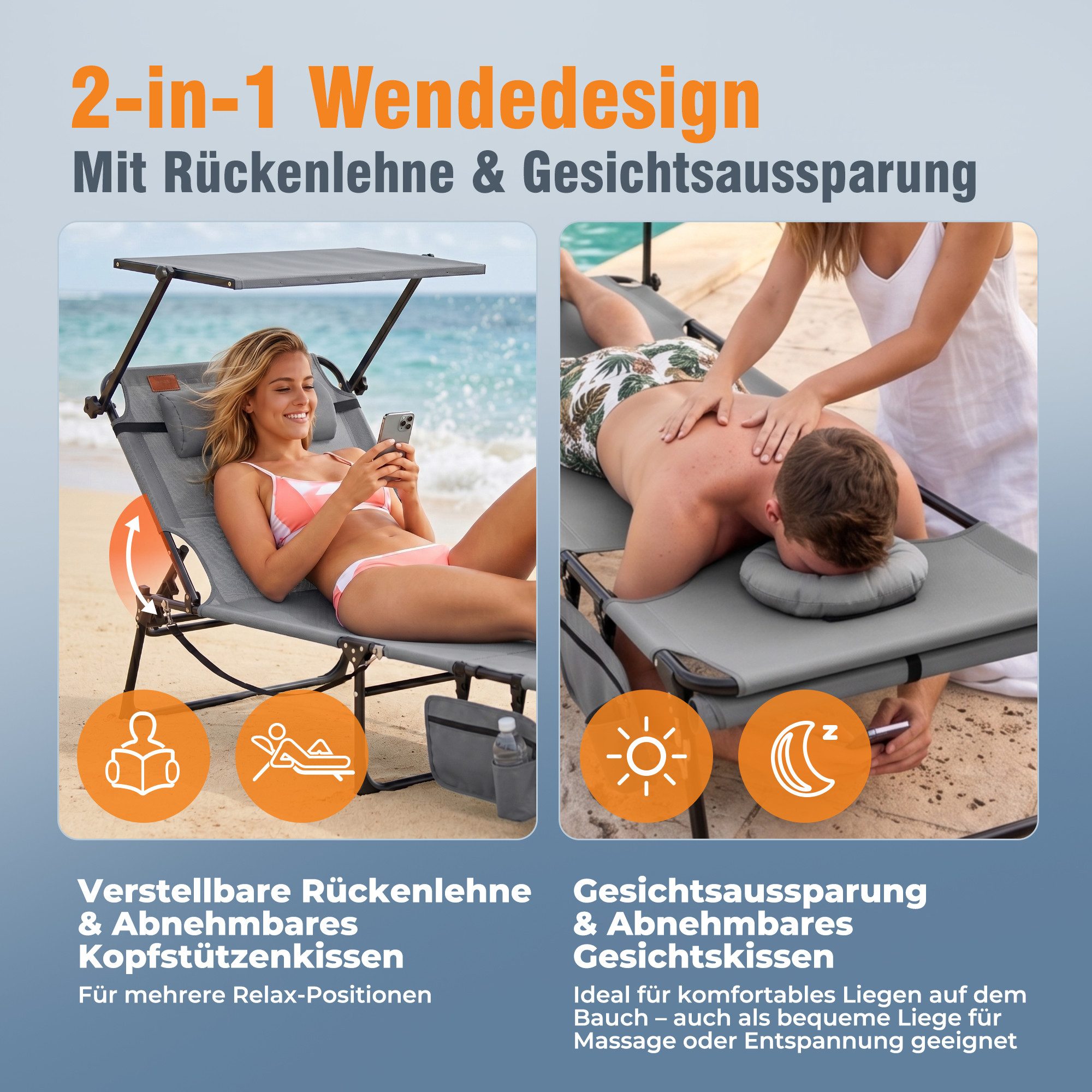 HOMECALL Gartenliege Sonnenliege mit Gesichtsöffnung und Sonnendach, klappbarer Liegestuhl, bis180 kg 200x70cm 4-Fach verstellbare Rückenlehne, 1 St., für Garten, Strand und Camping