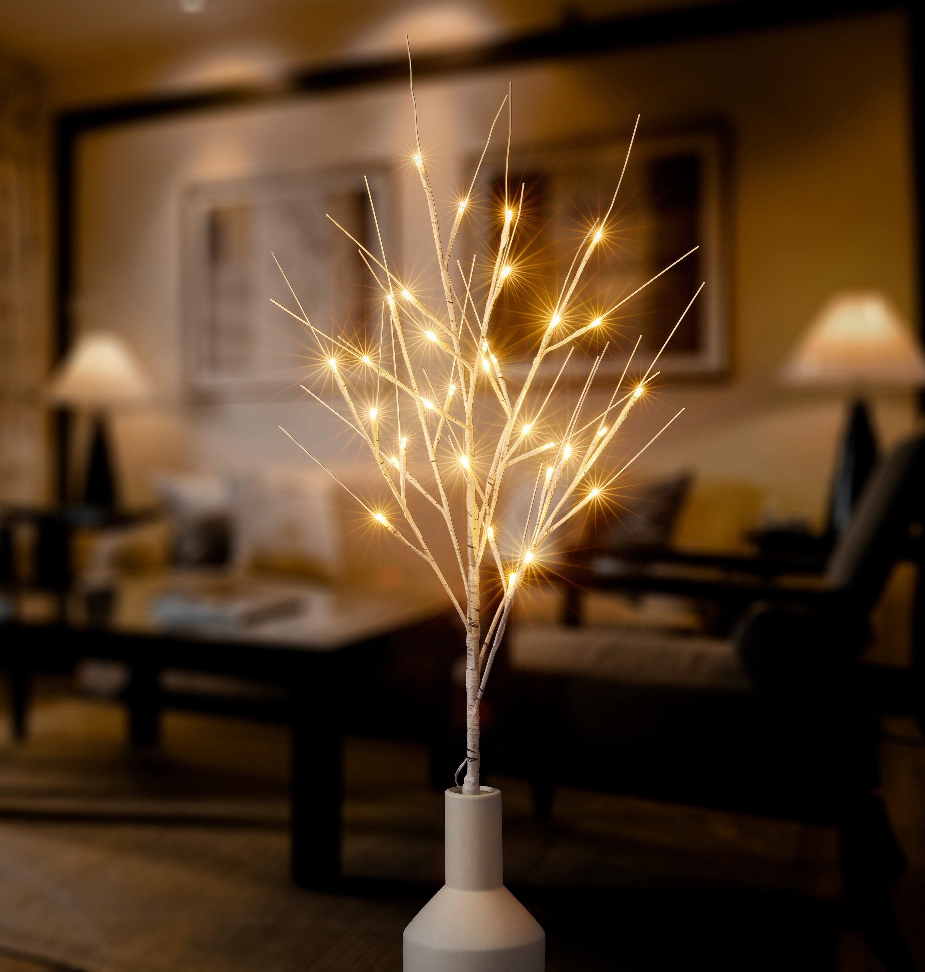 80 Warmweiß, integriert, Deko-Sträucher je Baum 3 LED BONETTI cm Höhe Birkenoptik, fest LED Beleuchtete in Weihnachtsdeko,