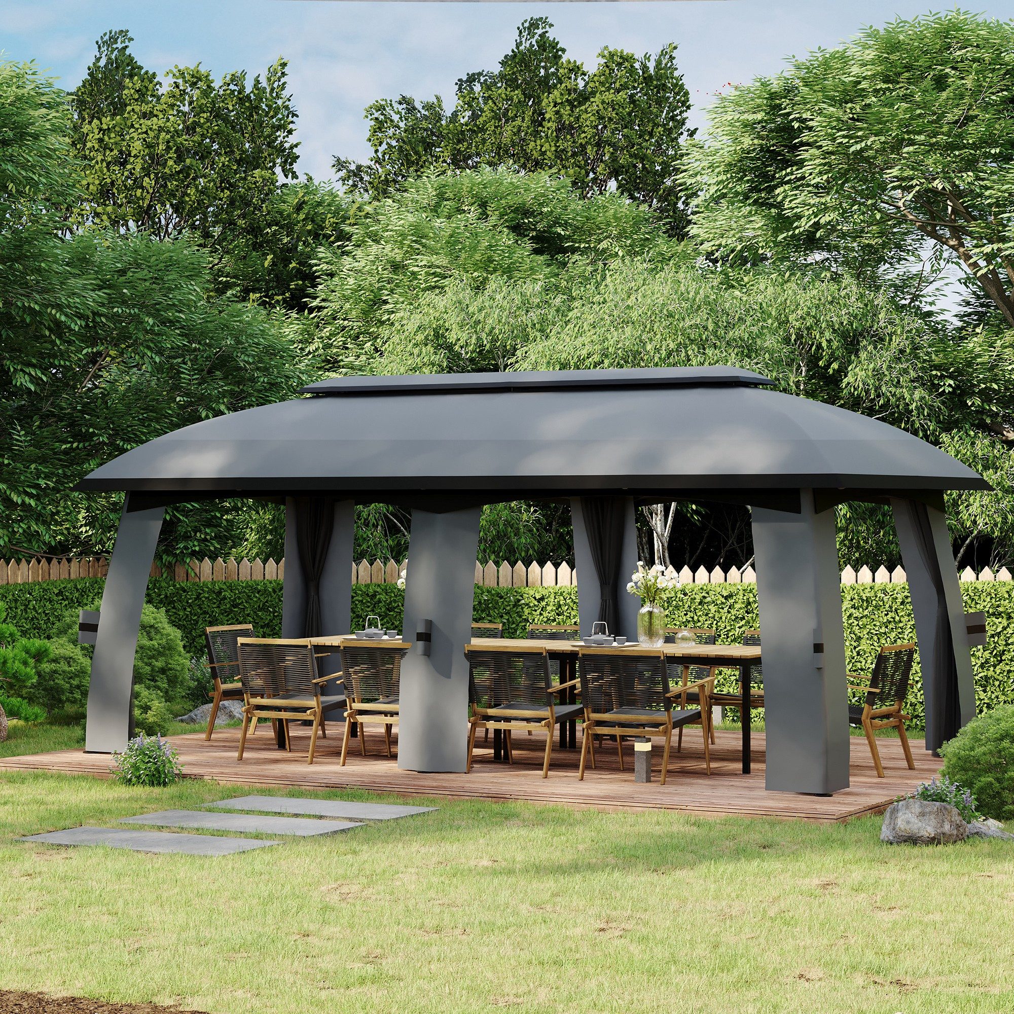 CHICFURN Pavillon Gartenzelt 3 x 6 m, Dunkelgrau mit Doppeldach und Seitenwänden, (Packung), Mit Fliegennetzen, verzinktem Metall, für bis zu 15 Personen