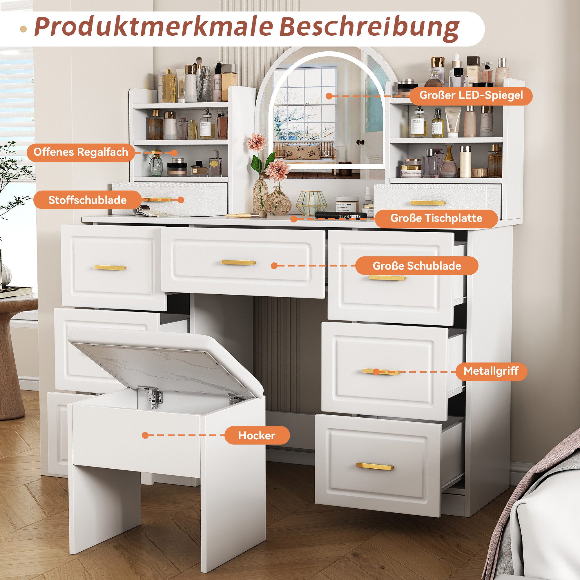 SONNI Schminktisch Schminktische mit LED-Beleuchtung und 9 Schubladen, Kosmetiktisch mit Spiegel, Frisiertisch,120x40x135cm