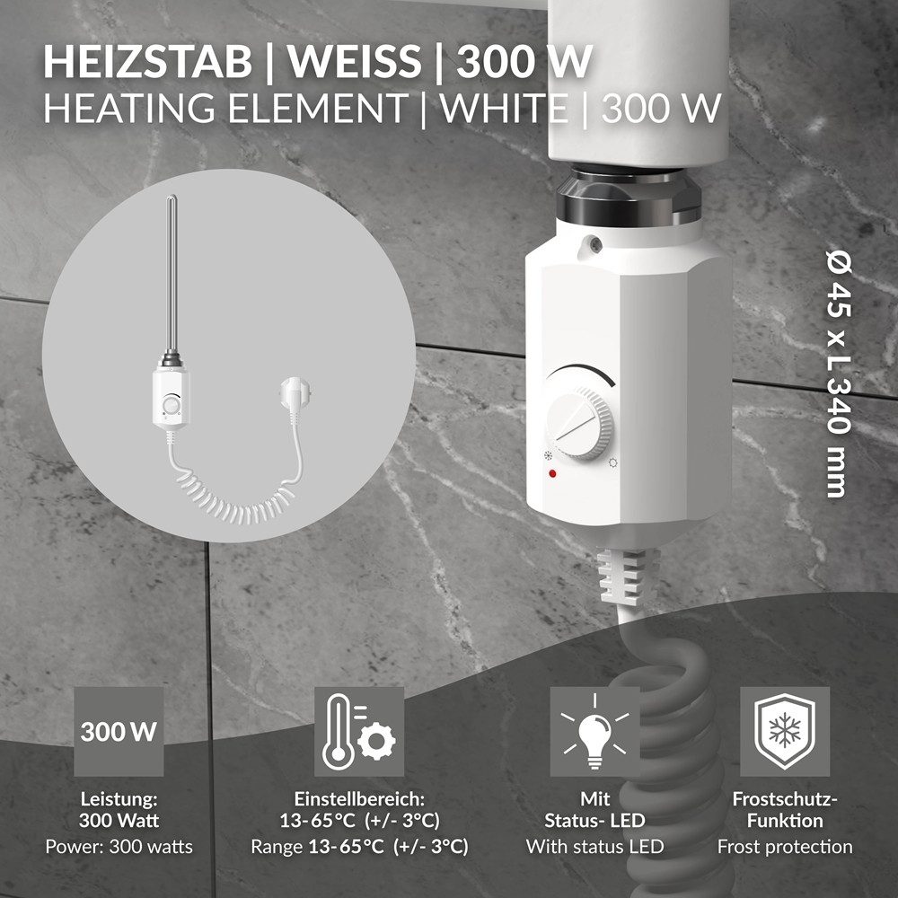 LuxeBath Heizstab Heizelemente für Badheizkörper mit Thermostat und LCD Bildschirm, Elektroheizstab mit Stecker Weiß Heizpatrone Heizelemente 300W