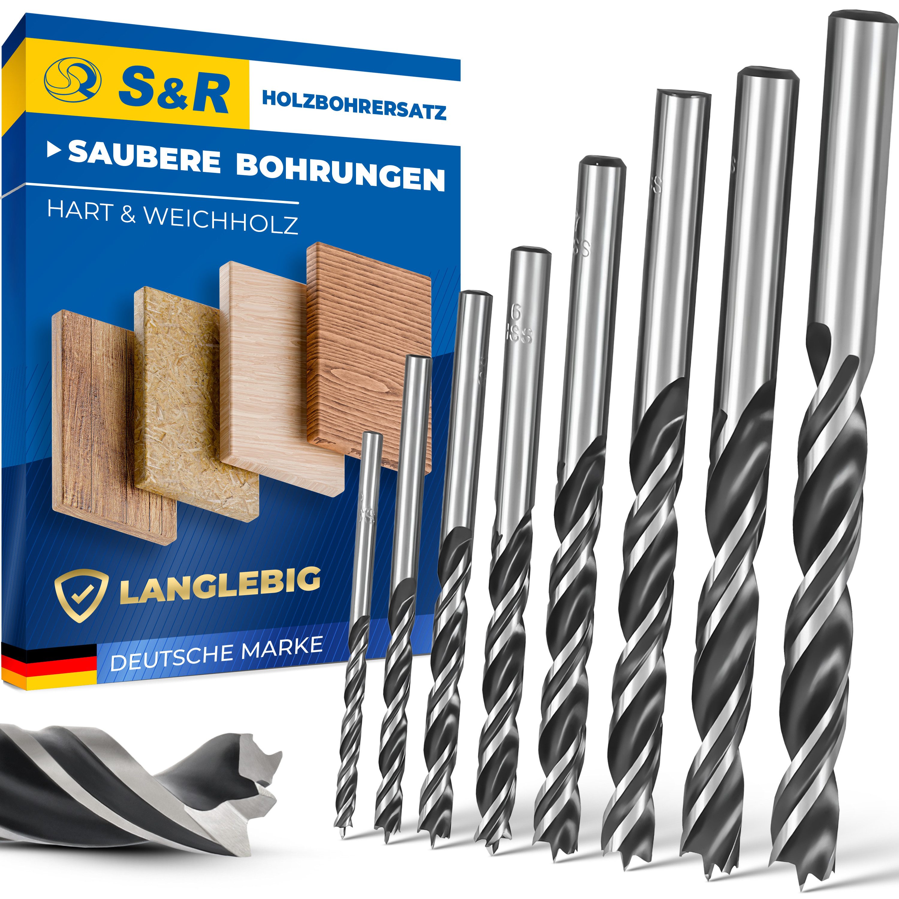 S&R Holzbohrer Dübelbohrer, Premium Holzspiralbohrer in Kunststoffbox, (Satz, 8-tlg: 3, 4, 5, 6, 7, 8, 9, 10 mm), HSS-Bohrer mit effektiver Doppelspirale